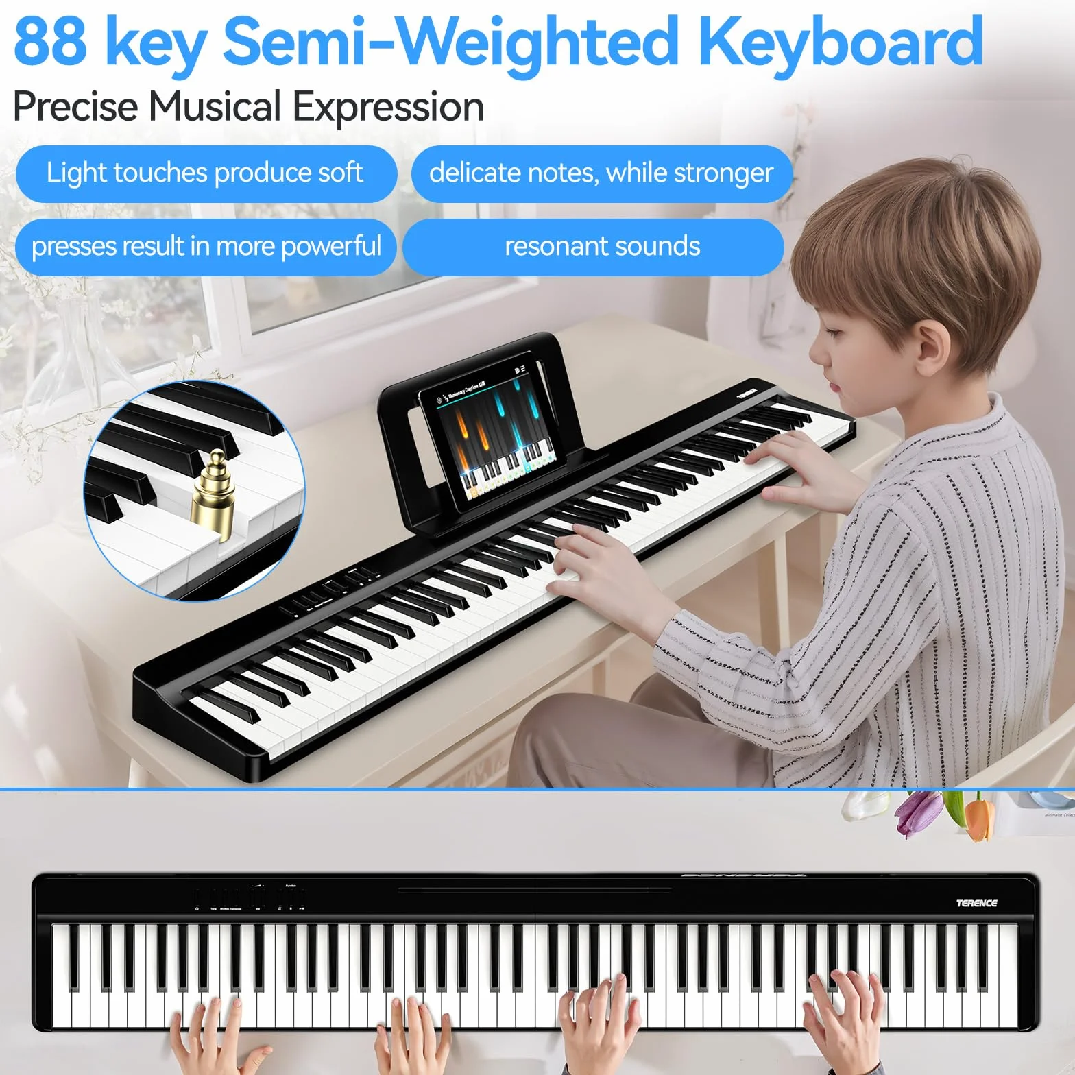 Pianoforte digitale portatile con supporto a Z TERENCE, tastiera per pianoforte semi-pesata a 88 tasti per principianti ed esperti funzione di registrazione audio integrata interfaccia MIDI Bluetooth
