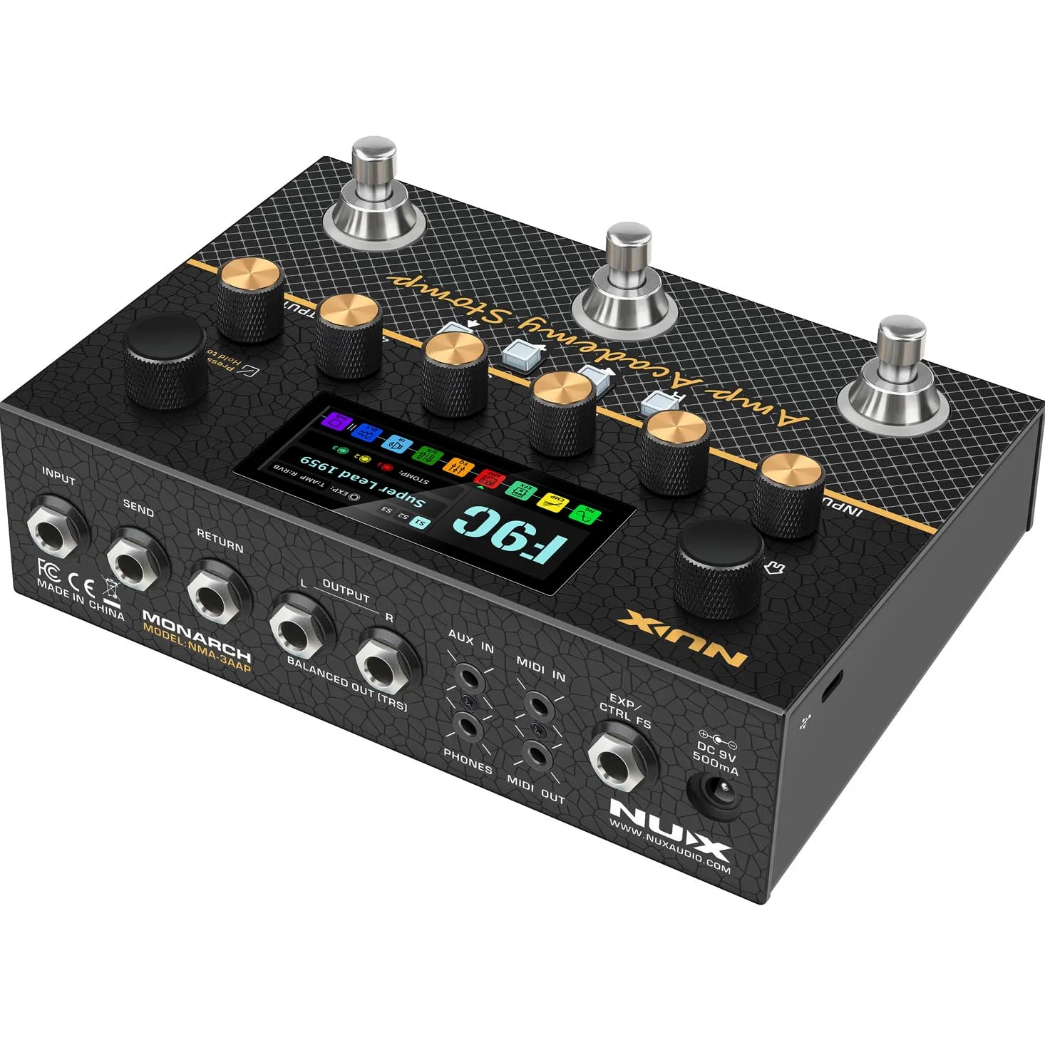 NU-X | Amp Academy Stomp Pedal | Pedale multi-effetto per chitarra con modellazione amplificatore, Bluetooth, Looper, interfaccia audio USB e catena di segnale personalizzabile per esercitarsi con