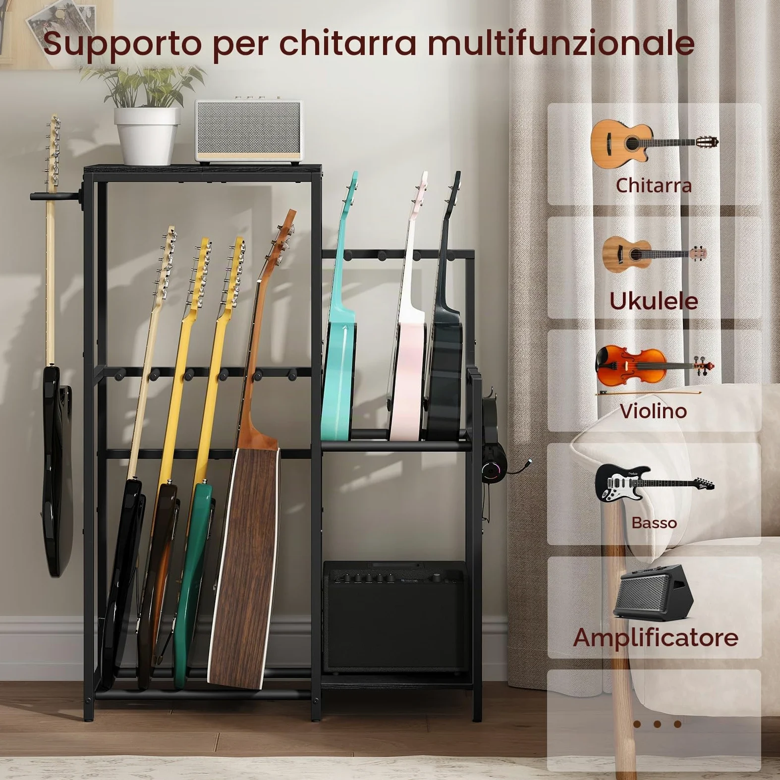 MahanCris Supporto per chitarra multi-instrumenti, acustiche, elettro, basso, ukulele, 5 chitarre, AMP, accessori, custodia EVA