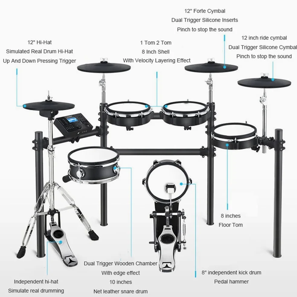 Batteria elettrica, percussioni elettroniche Professionali 5 Tamburi 4 Piatti Mesh Drum Pad con Sgabello per Batteria, Bacchette Cuffie e Cavo Audio Inclusi