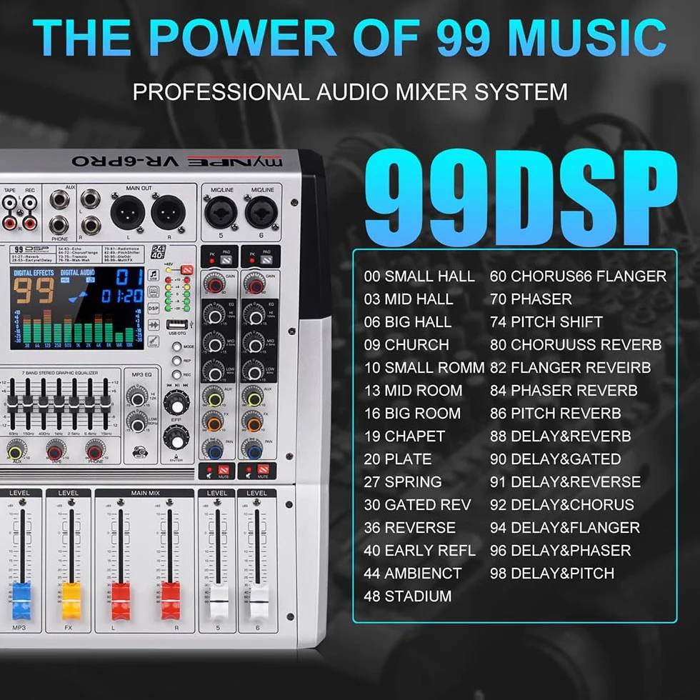 VR-6 PRO Mixer Audio - Amplificatore ad Alta Potenza da 550W x 2, 99 Effetti DSP, Console DJ Audio Bluetooth, Display a Grande Schermo Spettro, Tuner DJ con Riduzione Intelligente del Rumore