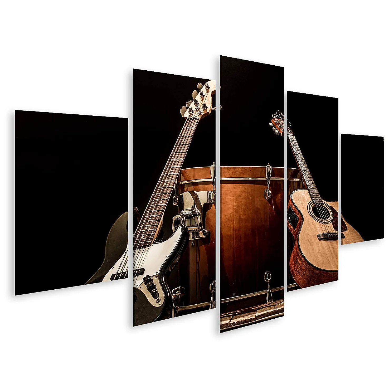 islandburner Quadro su tela Strumenti musicali Bass Drum Barrel Chitarra acustica Basso Nero Sfondo Concetto di musica Stampe Arte Poster Murale