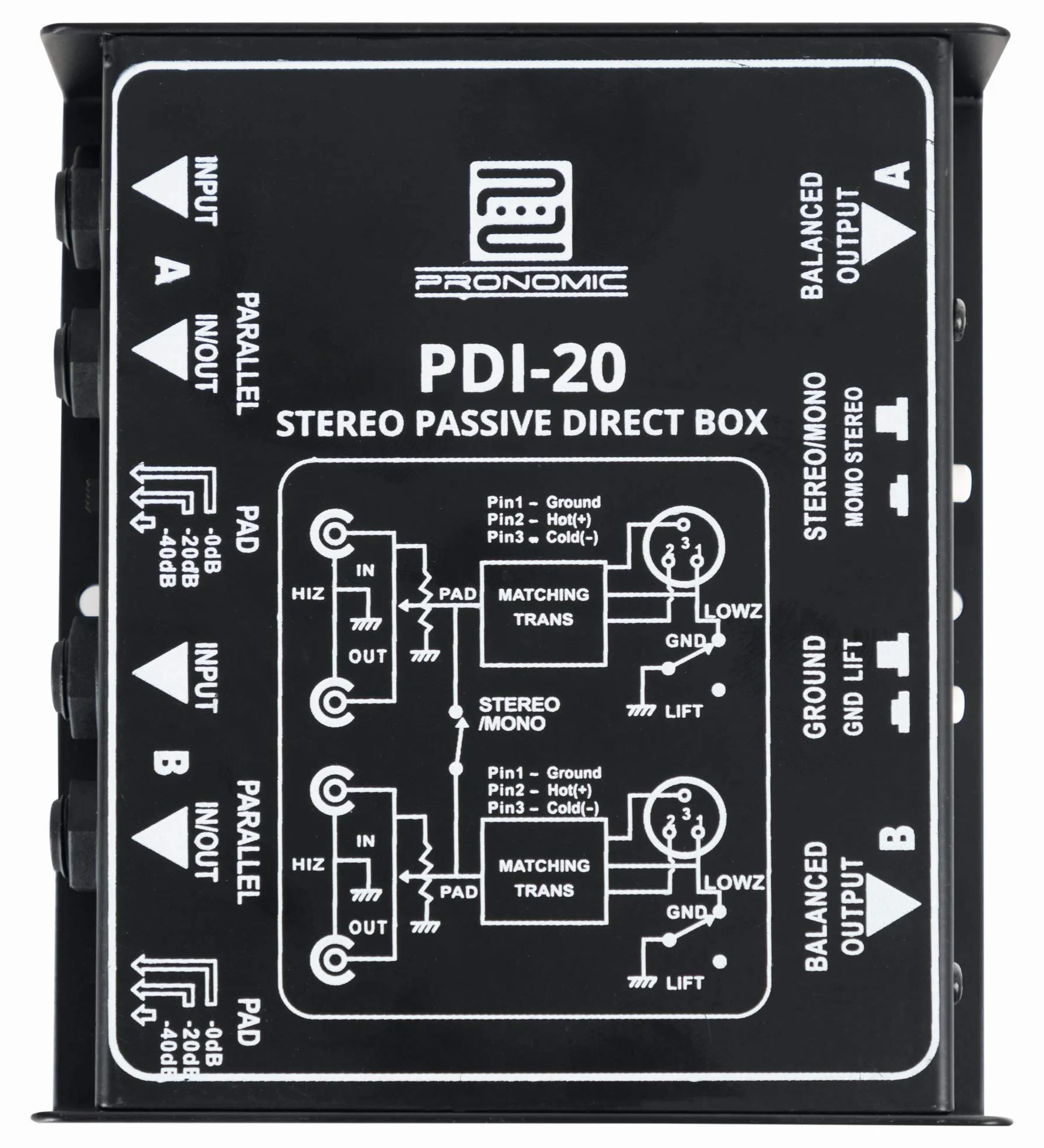 Pronomic PDI-20 passive Stereo-DI-Box - Gamma di frequenza: 15 Hz - 30 kHz - Interruttore Stereo/Mono - Interruttore Pad - Ground-Lift - nero