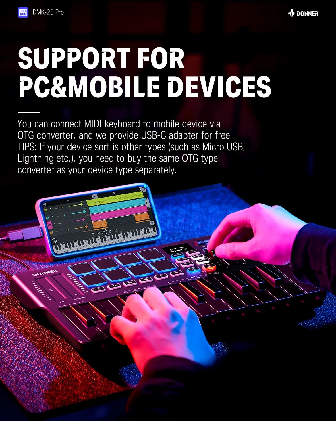 Donner Controller Tastiera MIDI USB-C, Tastiera MIDI Mini Portatile a 25 Tasti con 8 Drum Pad, Display OLED, 16 Scale Smart, Arpeggio, Replay, 4 Software DAW e 40 Corsi Didattici, DMK 25 Pro Nero