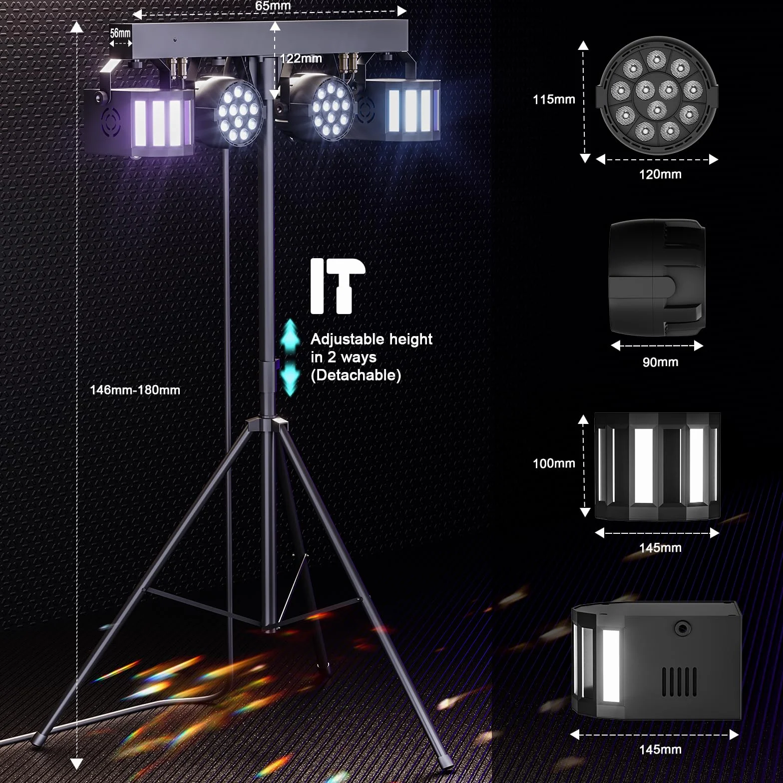 Derby + RGBW LED Par Faro da 60 W con treppiedi e telecomando, luce disco dmx-3/6/15CH per DJ, KTV, chiese, concerti, matrimoni, Natale