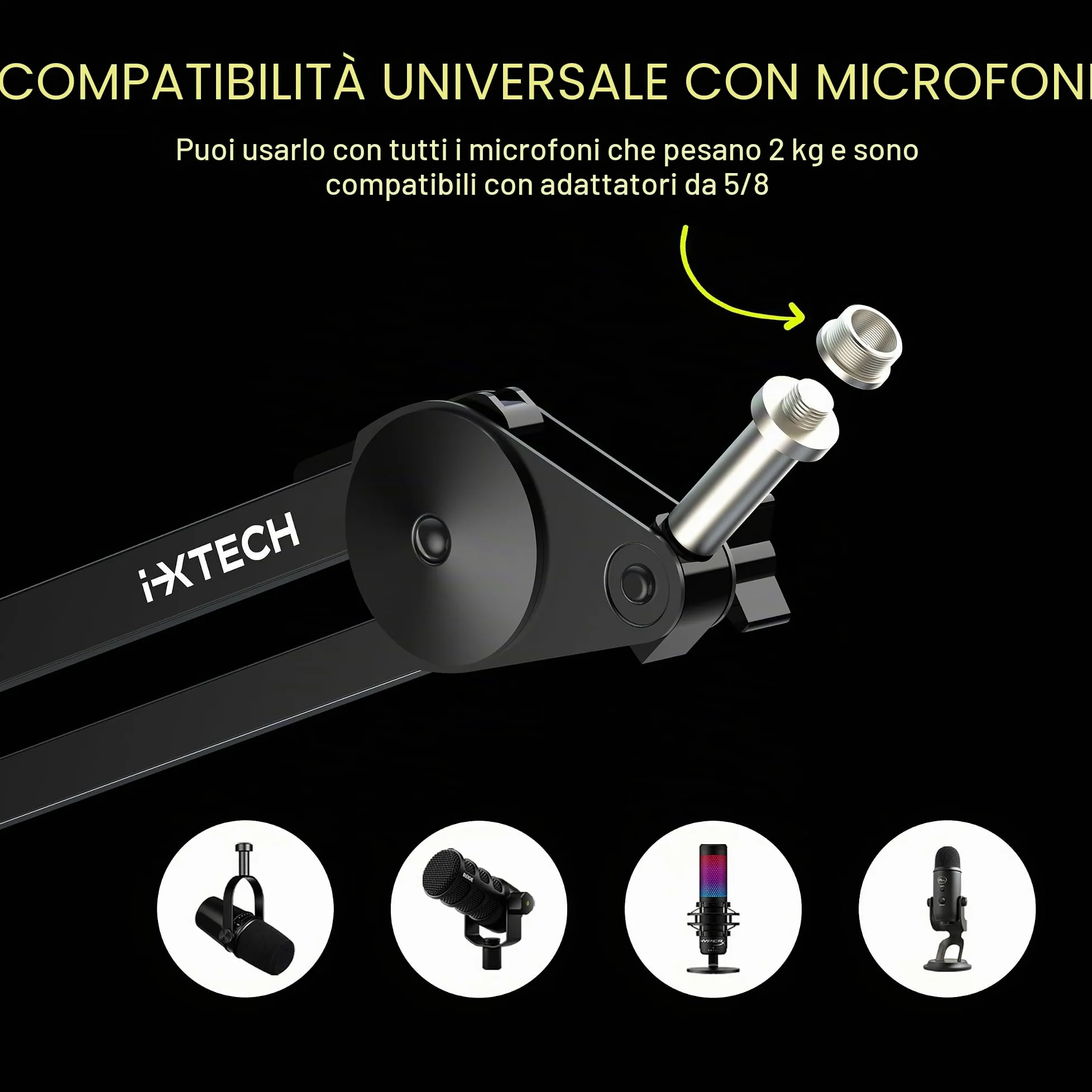IXTECH Supporto per microfono a braccio regolabile, resistente, con fascette, supporto da scrivania per gaming, streaming e podcasting.
