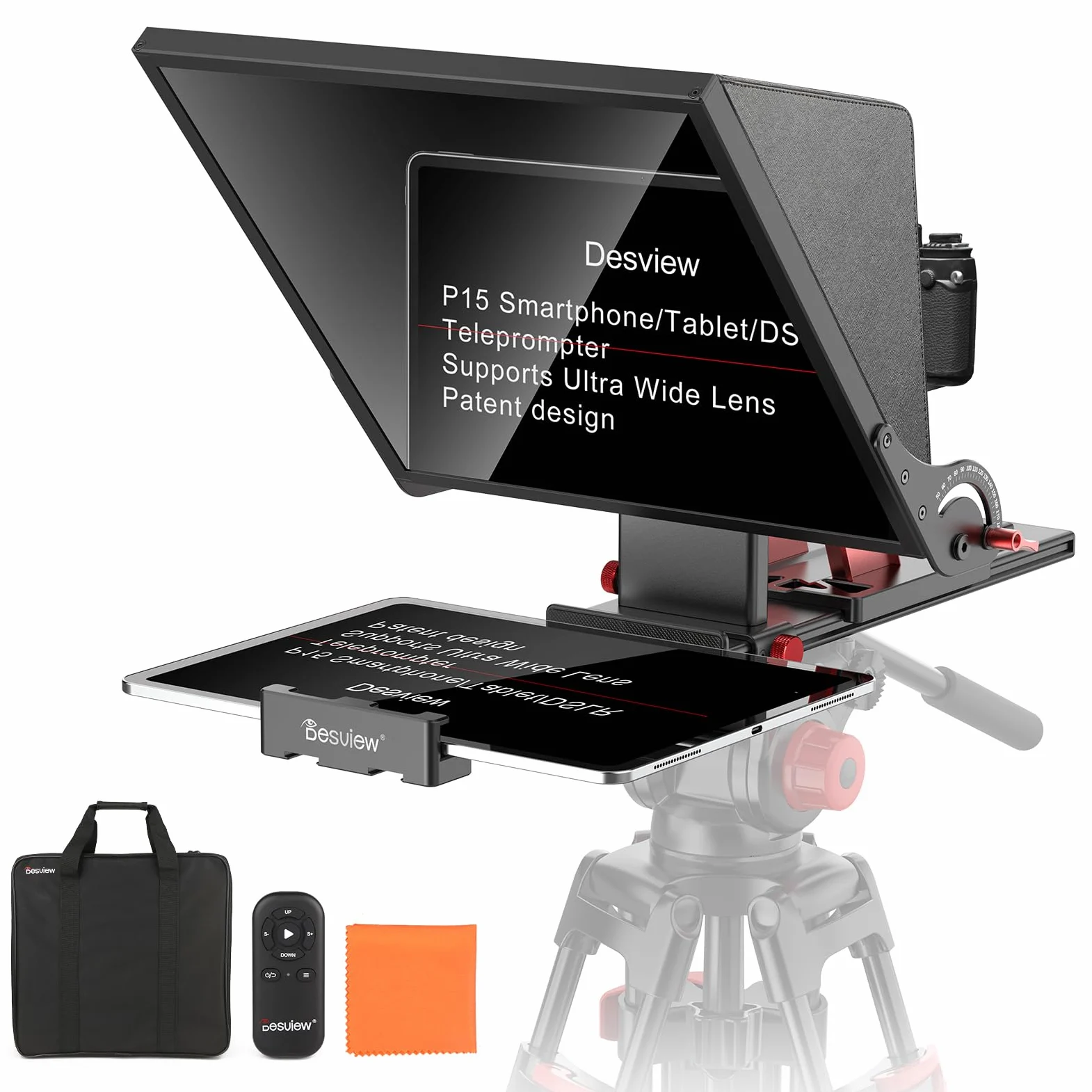 Desview P15 Teleprompter - Prompter professionale da 15 pollici, con vetro HD e specchio regolabile, compatibile con fotocamere DSLR, smartphone, tablet, per registrazione video, streaming live