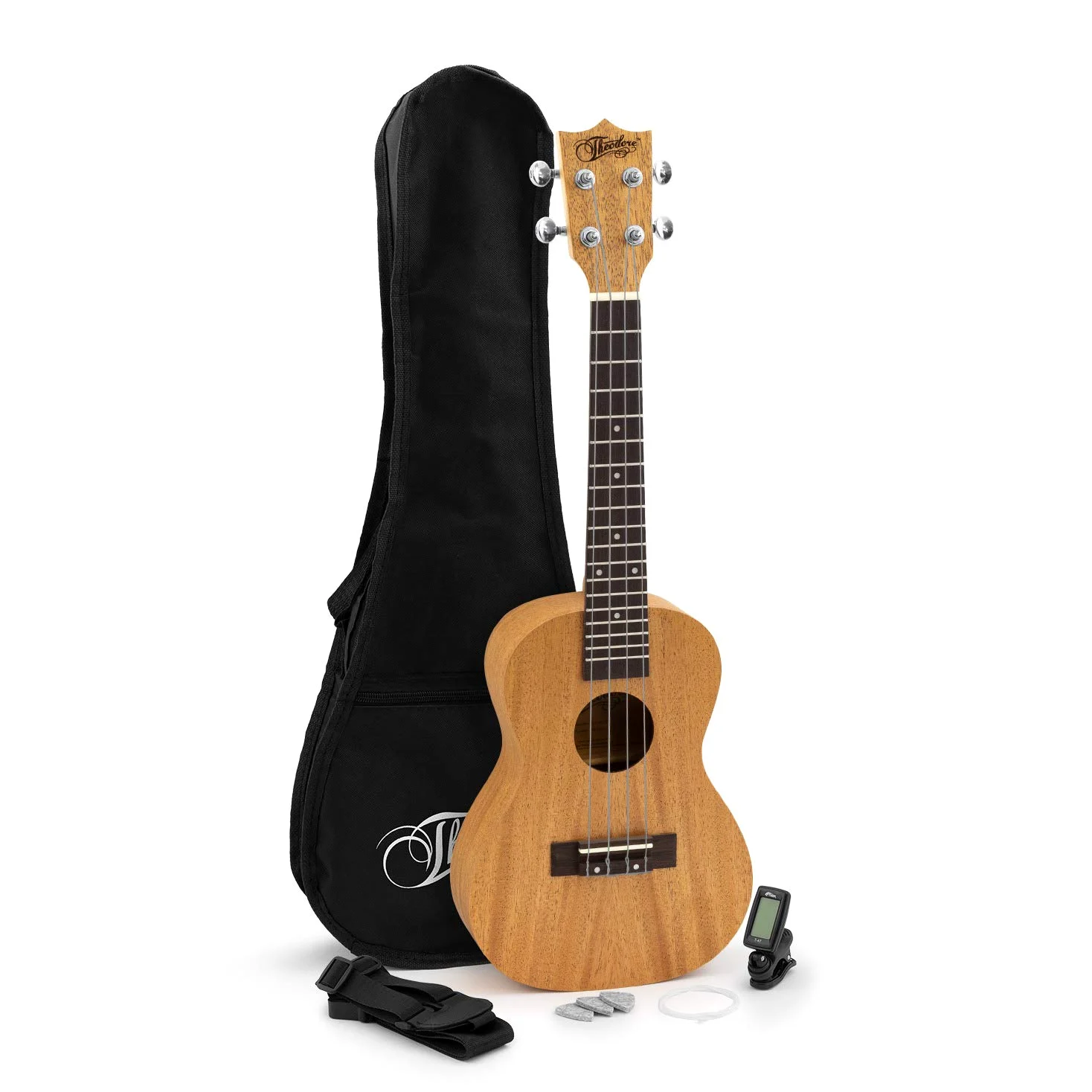 Theodore ukulele concerto mogano 58,4 cm kit completo | Include custodia, tracolla, accordatore clip, 3 plettri in feltro e corde di ricambio per ukulele.