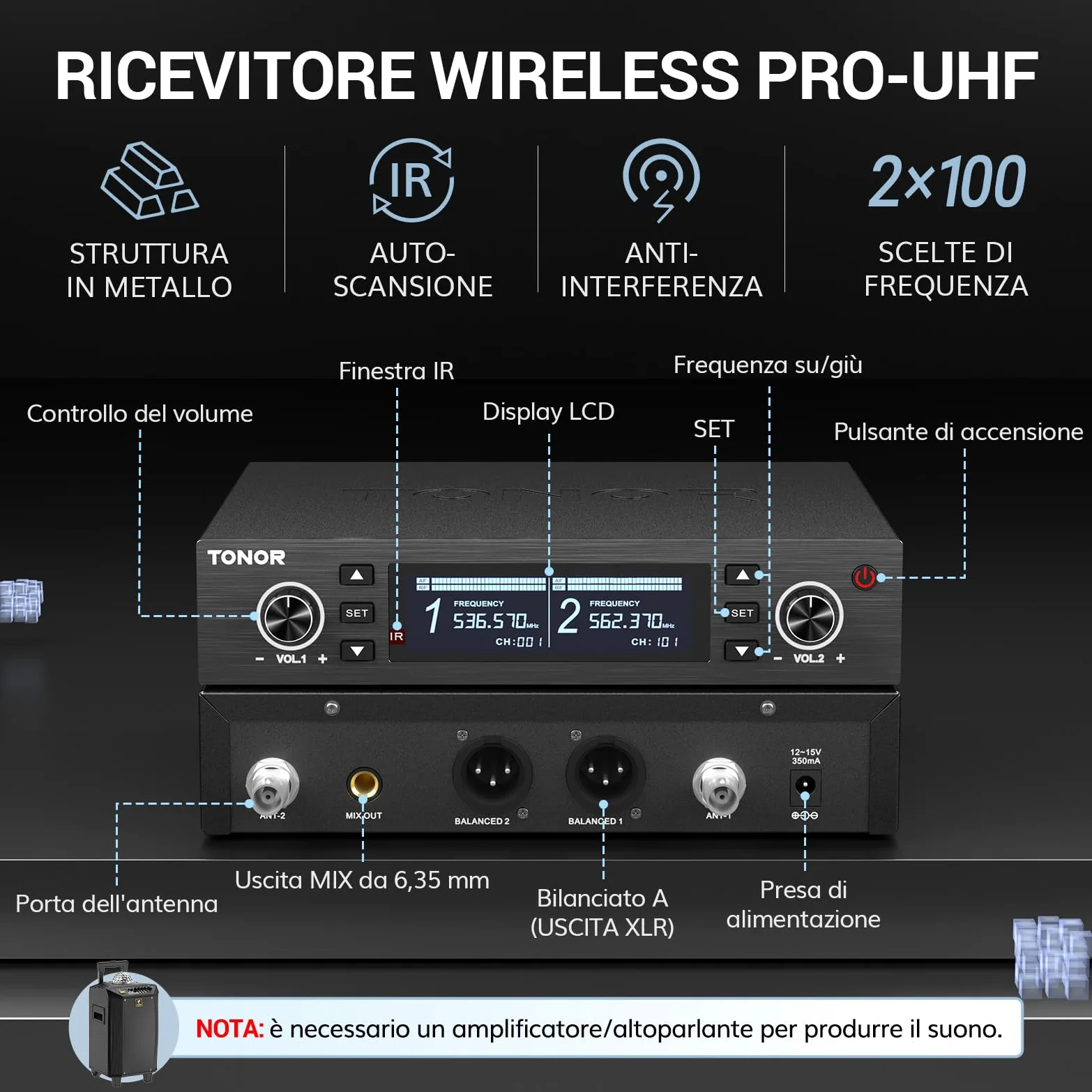 TONOR sistema microfono wireless, microfono ricaricabile professionale, microfono dinamico cordless in metallo 2x100 UHF per karaoke, chiesa, canto, matrimonio, riunione, DJ, Auto Scan, 100M, TW750