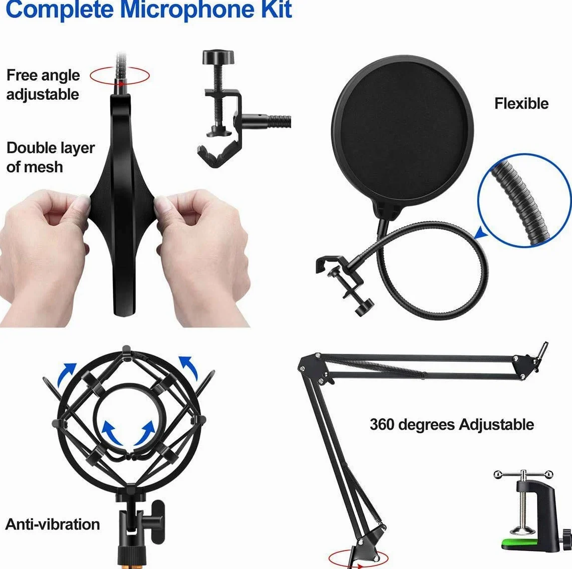 Kit Microfono a condensatore, Microfono a condensatore per webcast, Set di staffe per Microfono con Scheda Audio USB Blowout Prevention Net