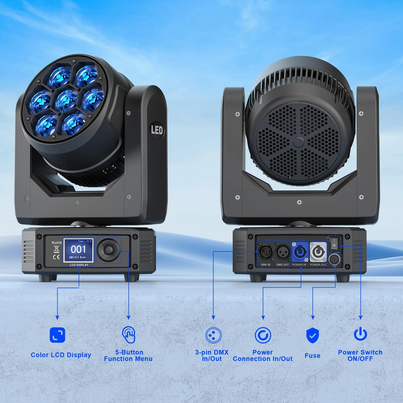 Teste Mobili 7X40W Luci RGBW Beam Funzione Zoom Effetto Luci Discoteca DMX 23CH/35CH/51CH per Natale Feste Concerti Club