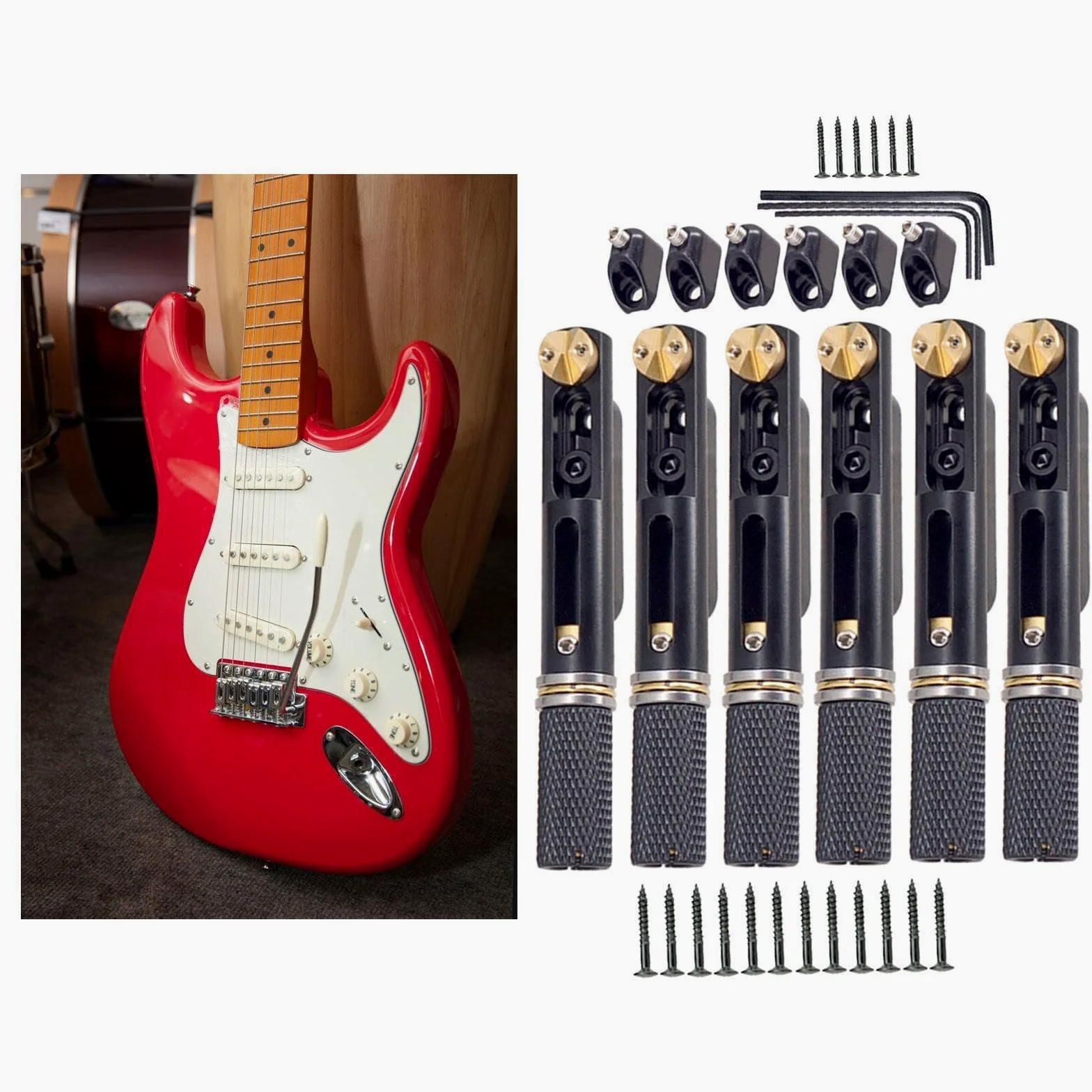 Ponte per chitarra acustica a 6 corde realizzato in robusto metallo che migliora le prestazioni della chitarra supportando al contempo una lunga durata. Ponte senza