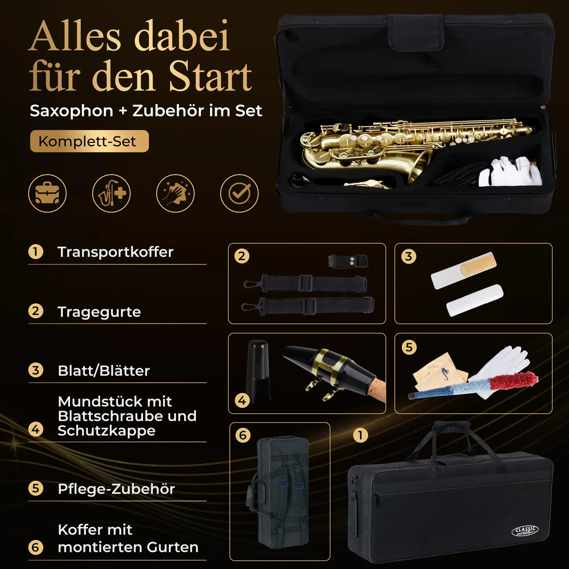 Classic Cantabile AS-450 Spazzolato Eb Set Sassofono Alto, Chiave Fa# alta | Sax alto in ottone, Spazzolato a mano opaco, Verniciato trasparente, Suono pieno e caldo, Risposta rapida, Buona intonazione