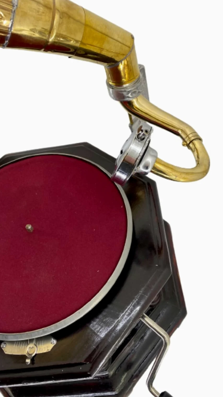 Grammofono con tromba in ottone HIS MASTER'S VOICE riproduzione ottagonale in legno artigianato Made in Italy