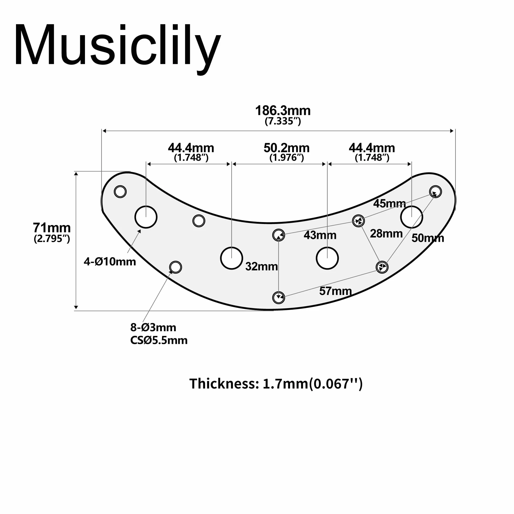Musiclily Pro 4 Fori Bass Piastra Controlli in Acciaio Control Plate per Basso Elettrico tipo Music Man, Cromato