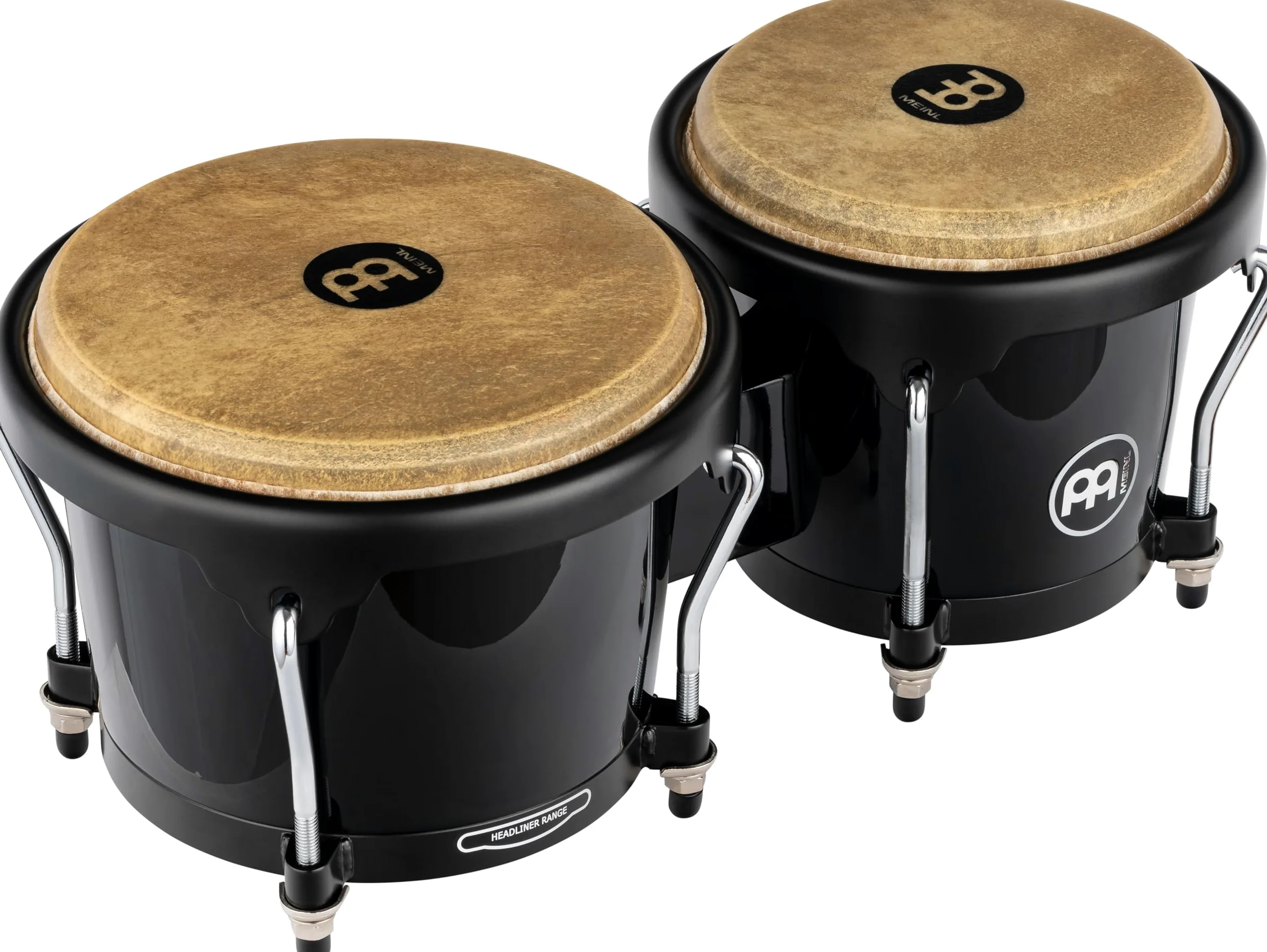 Meinl Percussion Bongos Headliner Fiberglass - 2 Tamburi a Mano da 6.75 e 8 Pollici - Chiave Accordatura Inclusa - Fiberglass Premium, Black (HFB100BK)