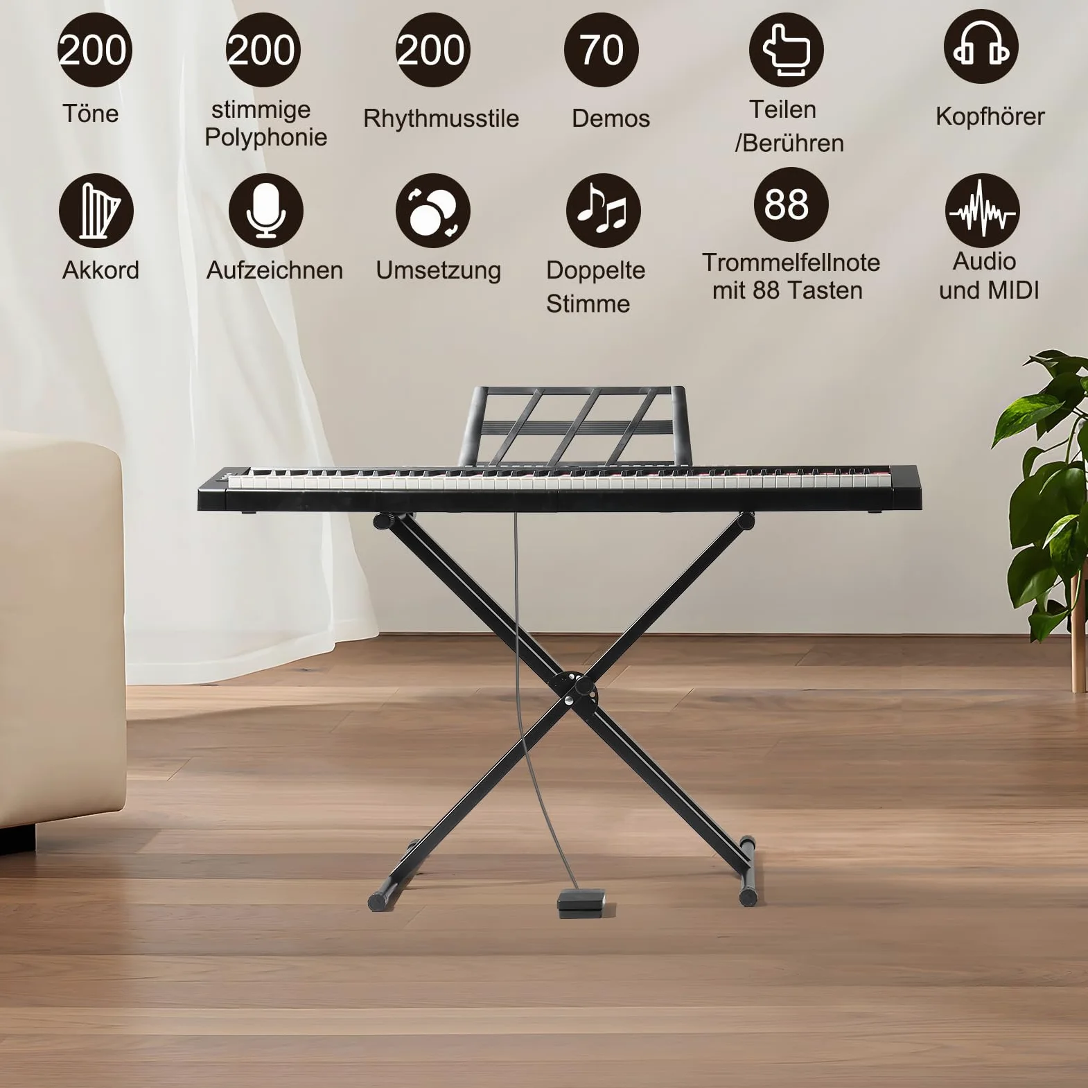 LEADZM Pianoforte Digitale Semi-Pesato a 88 Tasti, Tastiera Full Size, Tastiera Elettronica con Supporto a Forma di X a Doppio Tubo, Bluetooth MIDI, Leggio, Pedale Sustain, Cuffie (Nero, + Supporto)