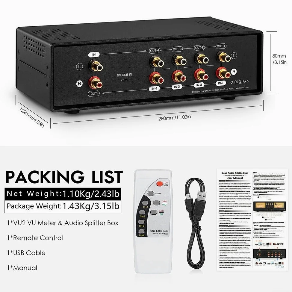 E microfono compatibile VU Meter Box analogico con display VU indipendente e routing audio 1 in 4 out 4 in 1 out (retroilluminazione gialla)