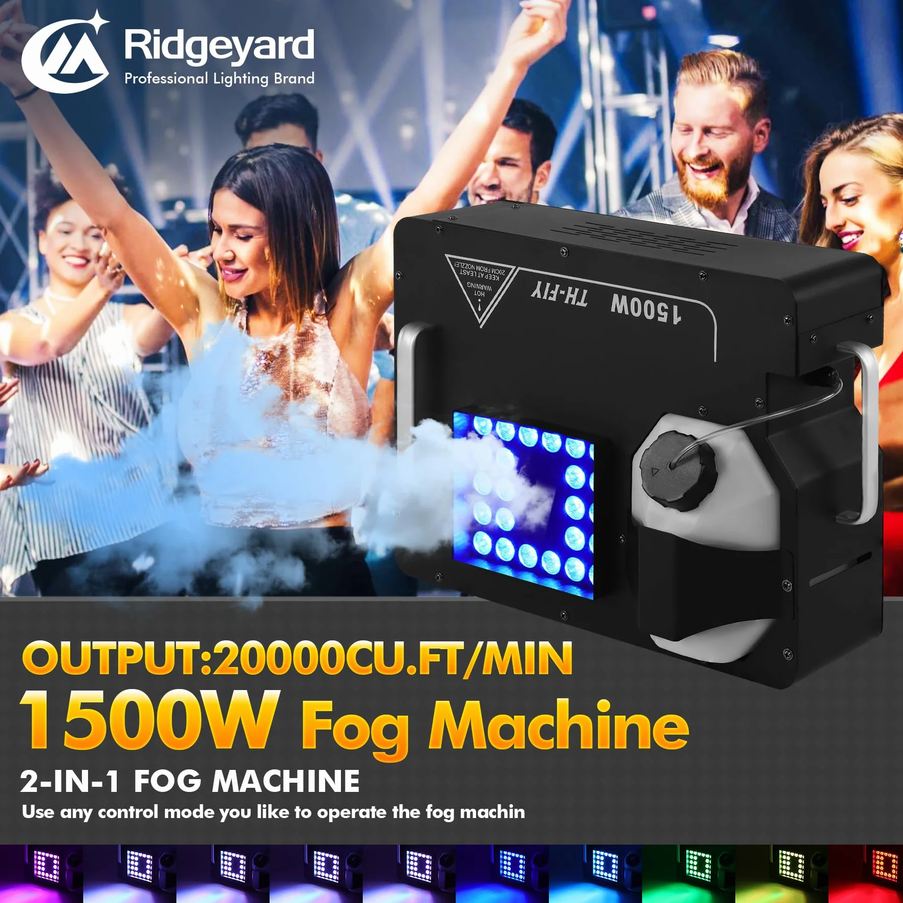 Ridgeyard Macchina per il fumo da 1500 W con telecomando wireless e luce a LED con 16 colori, adatta per DJ discoteca party, Halloween, Natale, feste di nozze e spettacoli sul palcoscenico, ecc