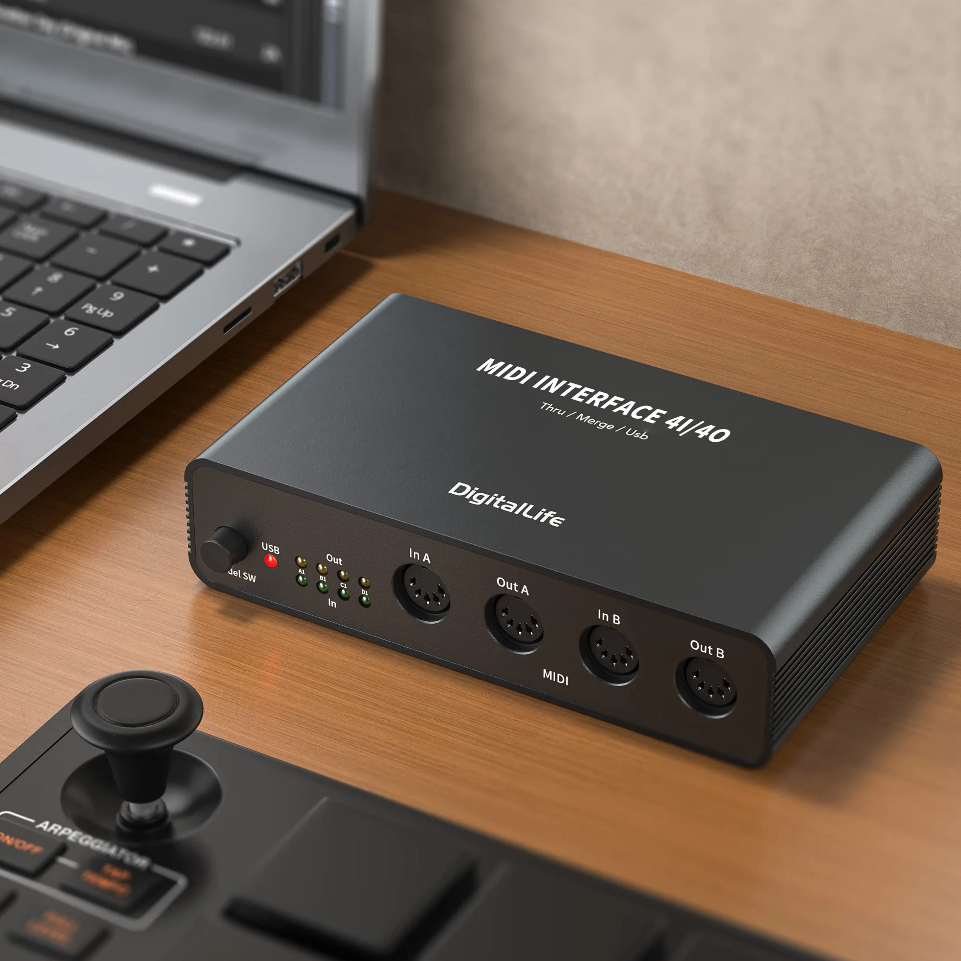 DigitalLife Quad I/O Pro 4x4 Interfaccia MIDI USB – Merge/Thru/Splitter 5-Pin DIN, Struttura in Metallo con 8 Indicatori LED per Tastiere, Synth, Drum Machine & Live Performance | UMB06-B
