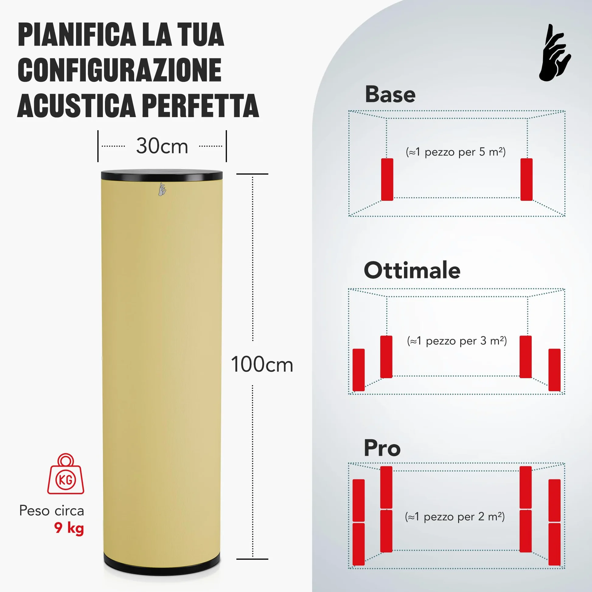 Addictive Sound Bass Trap Cilindrico Premium - Qualità Studio - Lana Acustica Specializzata 80-210 Hz - Prodotto nell'UE - Impilabile Autoportante - Garanzia 36 Mesi - 100cm, Nero