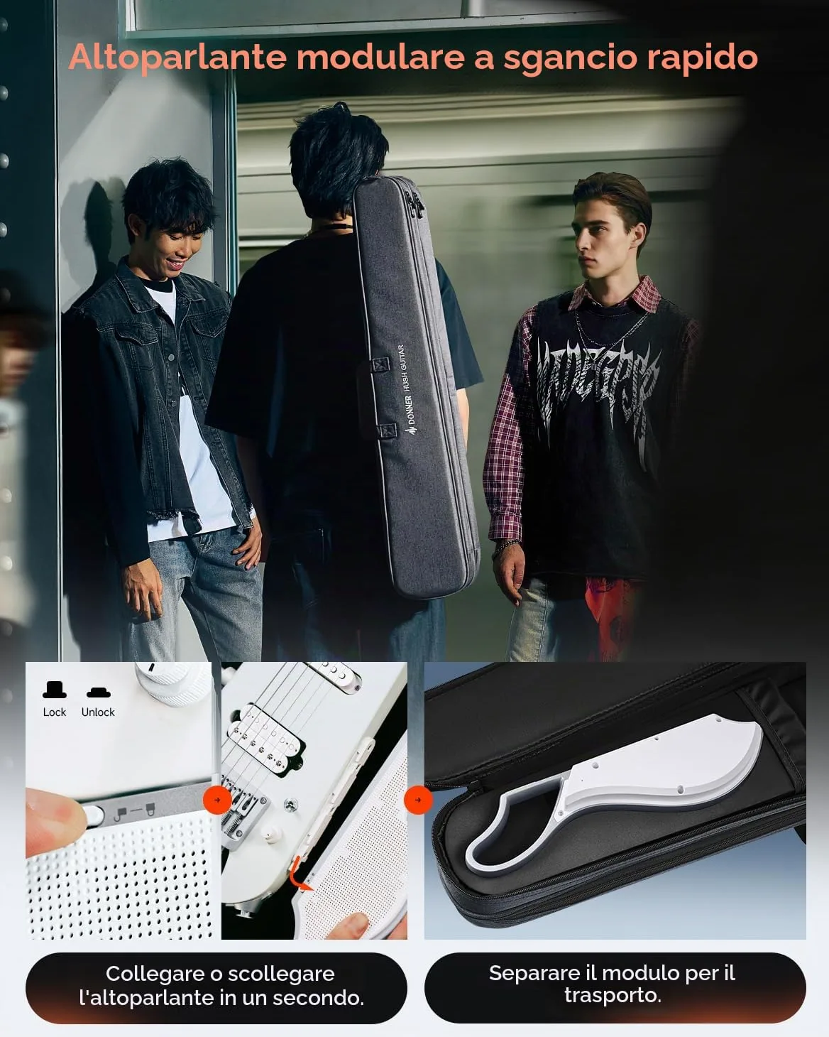 DONNER HUSH X LIVE Chitarra Elettrica con Altoparlante Rimovibile, Chitarra da Viaggio Headless con Modellazione Amp ed Effetti Integrati, Kit per lo Studio con Bluetooth e Gig Bag, Bianco