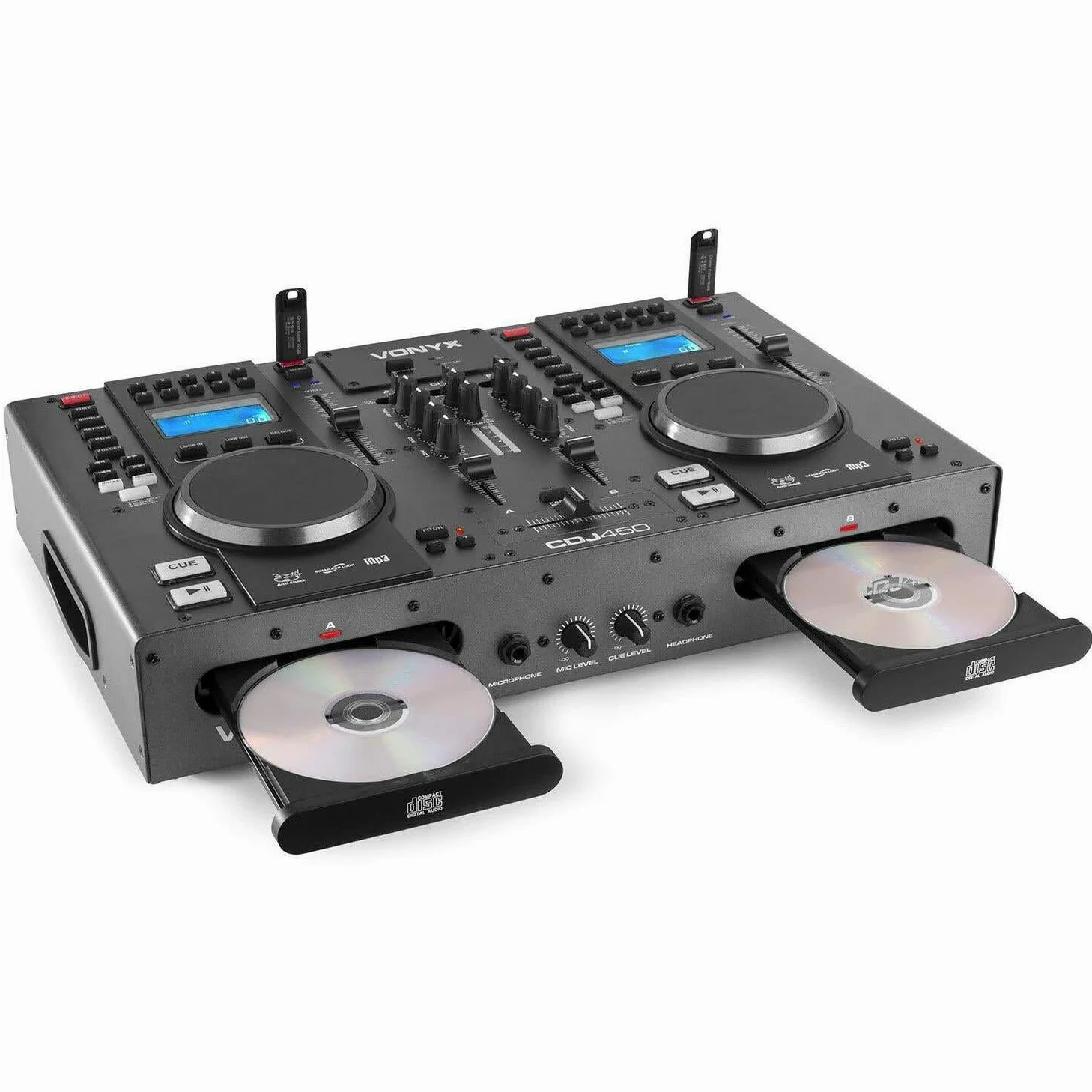 Vonyx CDJ450 DJ Workstation - 2 Lettori CD Compatibili con MP3, Funzione Bluetooth, 2 Porte USB, Mixer a 2 Canali, Media Player, Ricerca Cartella Integrata, Maniglie