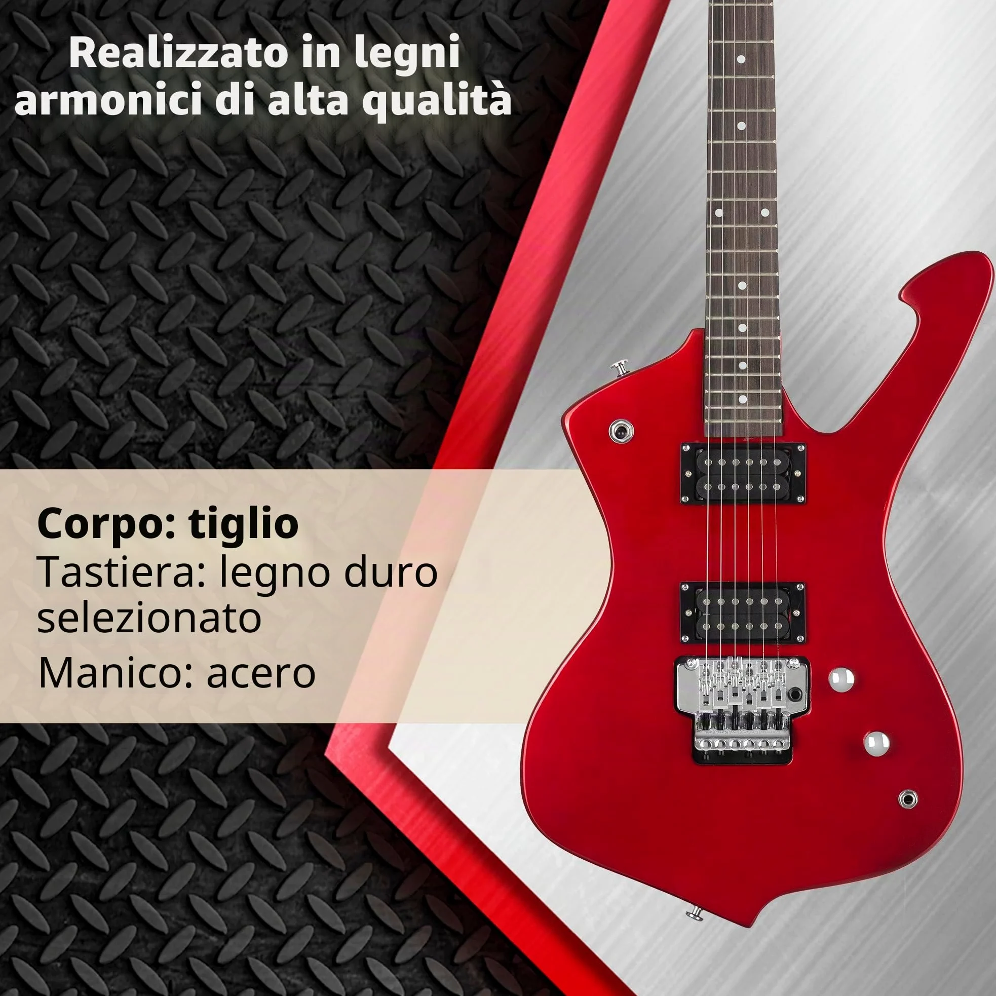 Rocktile Sidewinder E-Guitar, Modello: Sidewinder, Corpo: Tiglio, Scala: 25 | Manico: Acero avvitato, 2 Humbucker Pickup, 22 Tasti Medium Jumbo, 5" (648 mm), Tastiera: legno duro selezionato, Inlay: Dot