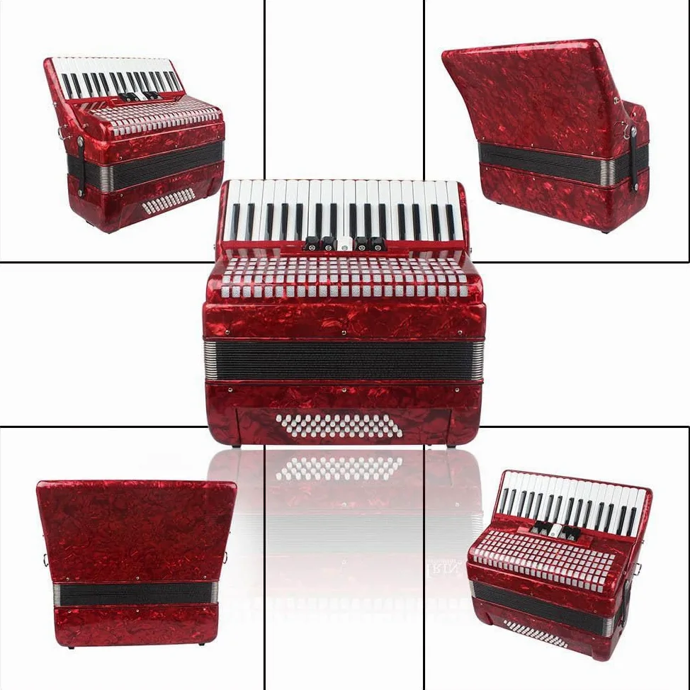 Fisarmonica in acero a 34 tasti e 48 bassi, corpo in xilofono solido, soffietto in pelle di agnello, vernice spray rossa for pianoforte, adatta a principianti e professionisti, inclusa borsa e imbraca