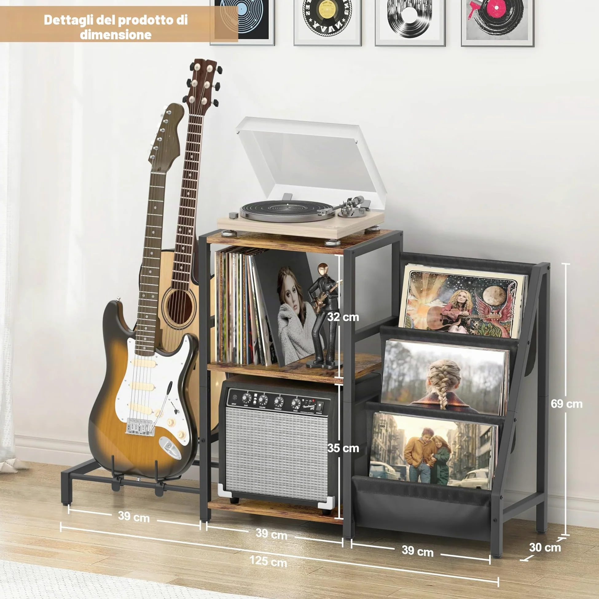 Bikoney Supporto Giradischi Vinili, Supporto Chitarra per Acustica, Elettrica e Basso con Supporto Amplificatore, Supporto Giradischi a 3 Livelli Fino a 200 Album, Tavolo Giradischi per Altoparlante