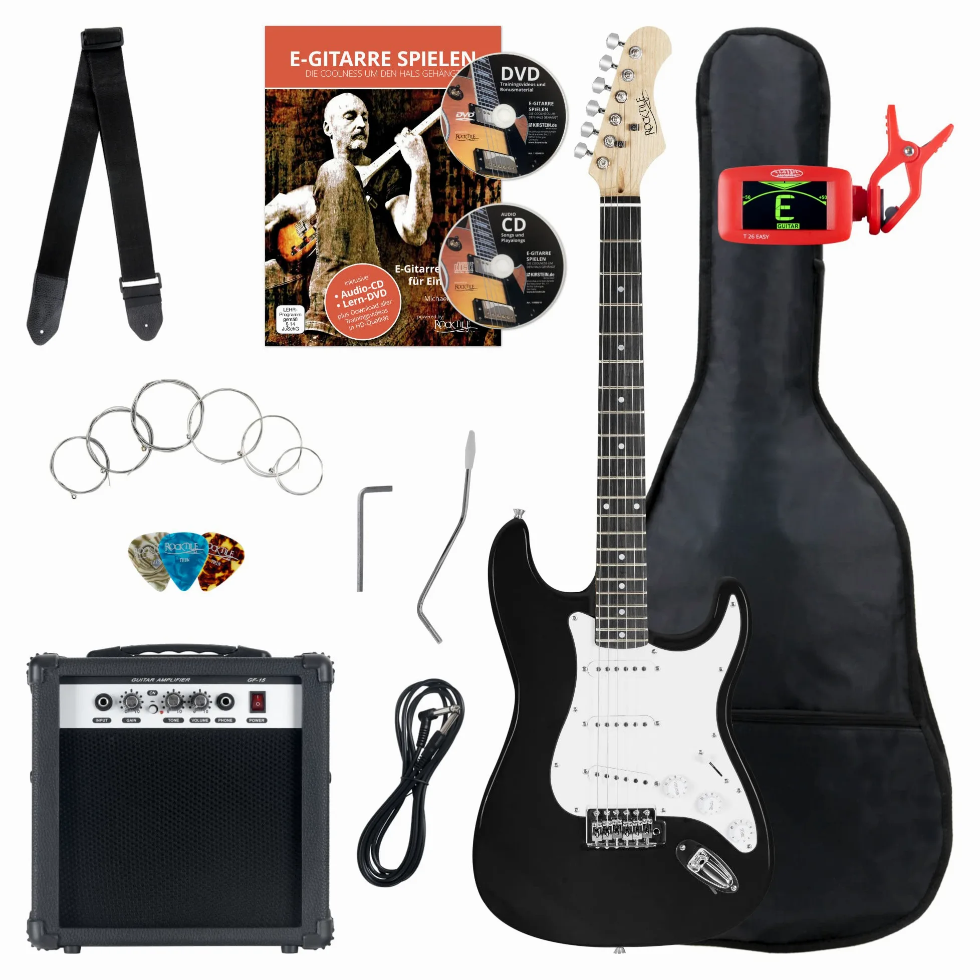 Set Chitarre Elettrica Rocktile Banger's Pack Black incl. Amplificatore | Chitarra Elettrica, Chitarra elettrica Rocktile ST-Style, Finitura Black, 3 pickup Single-Coil, Selettore a 5 vie, 5 x 4 cm