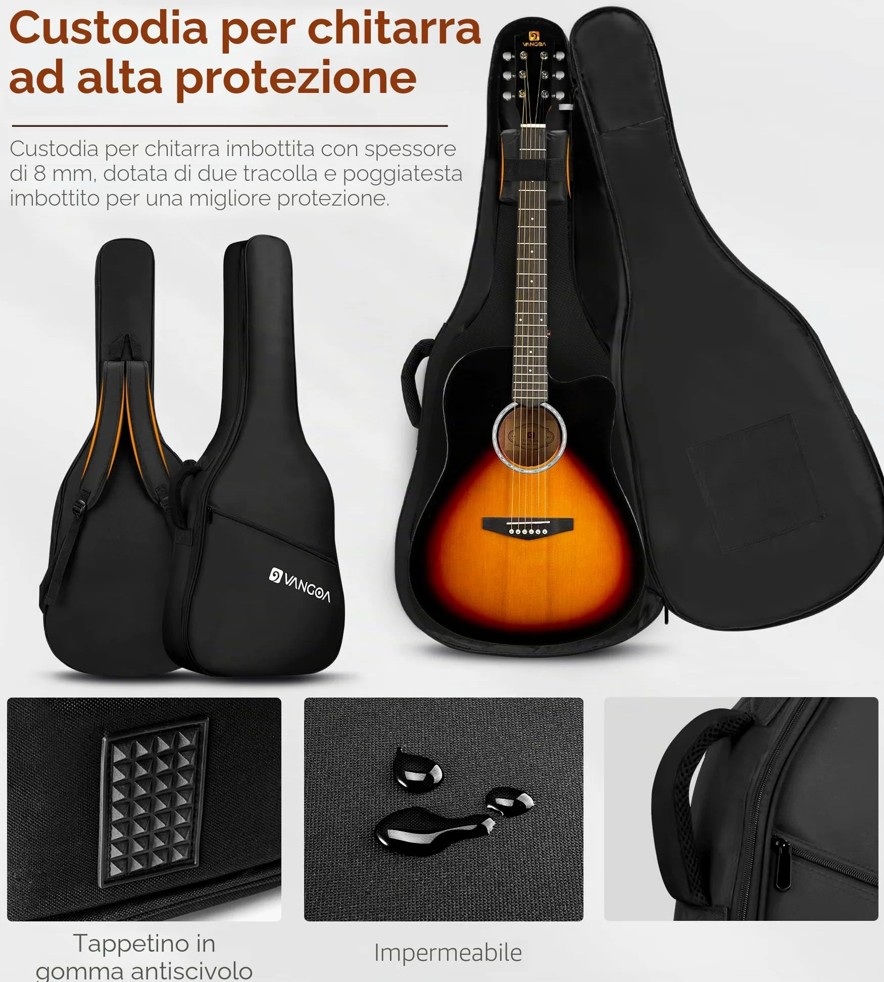 Vangoa 4/4 Chitarra Acustica Kit Abete Rosso Legno Dreadnought Chitarra Folk Acustiche per Principianti Adulto Studente con Borsa Corde Plettri Capotasto Cinghia, Lucido, Sunburst