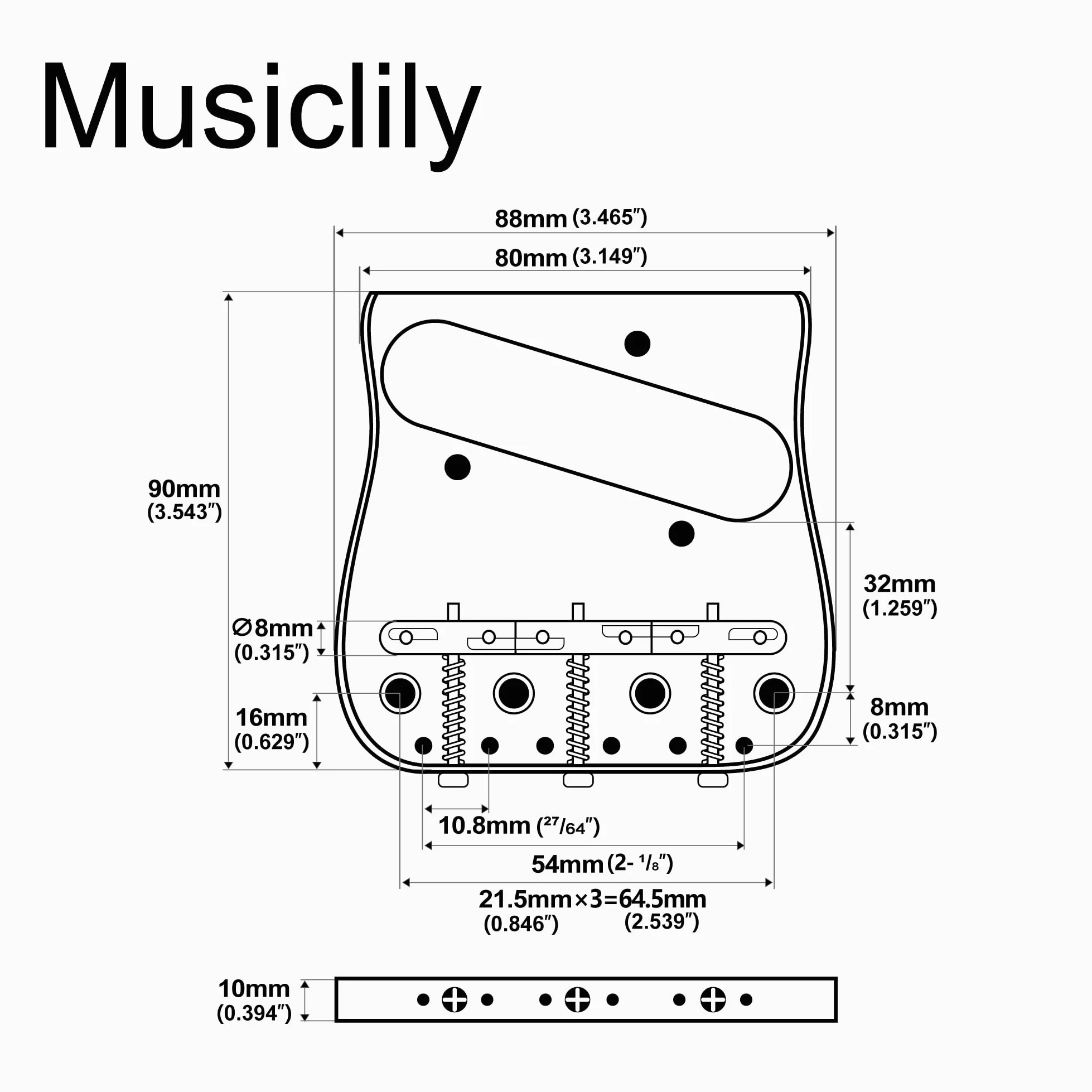 Musiclily Ultra BT013 54mm Curvo Ponte TL Compensato 3 Sellette Cromato | Piastra in Ottone, per Chitarra Elettrica tipo Tele