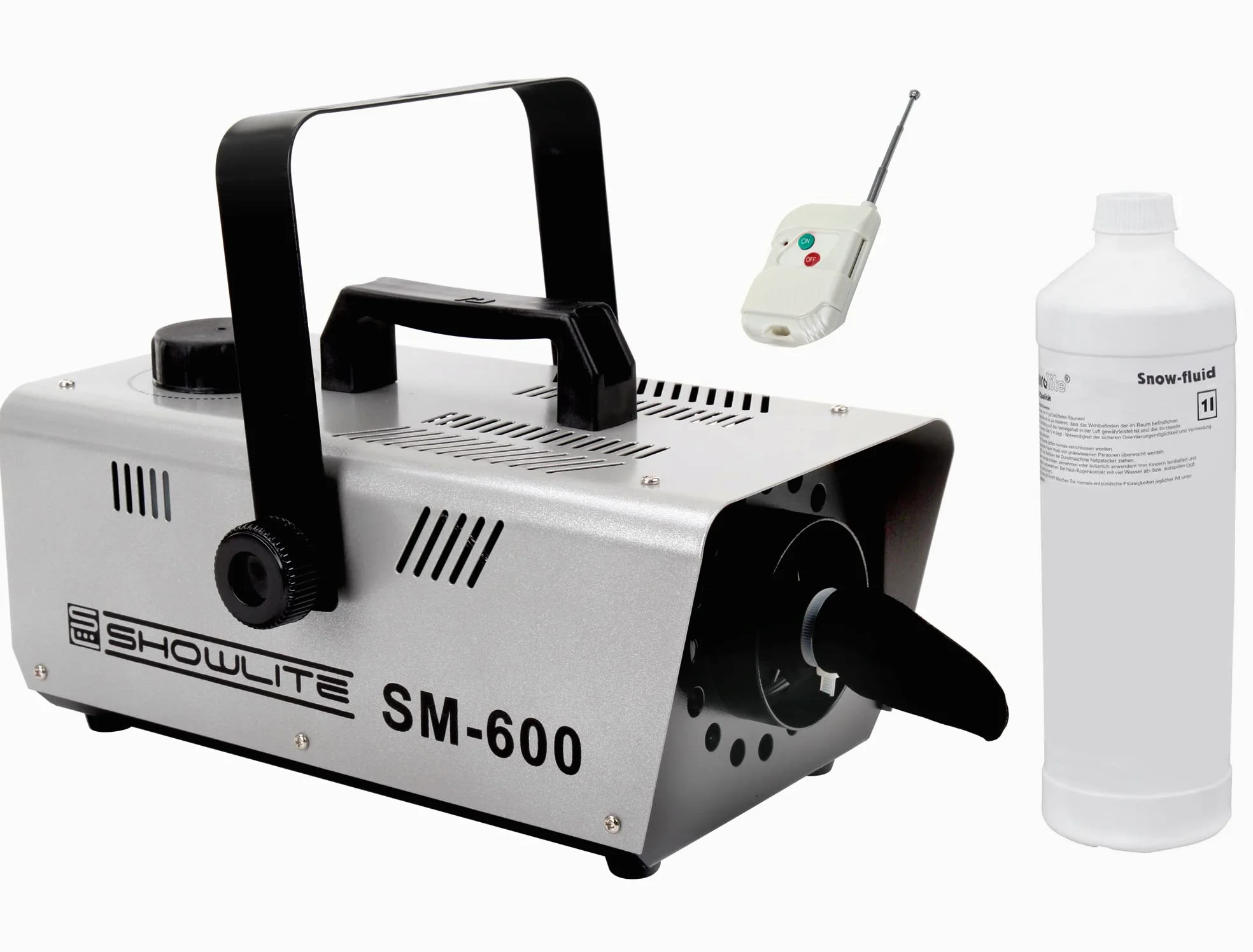 Showlite SM-600 Macchina della Neve incl. Telecomando Wireless + Set 1 L Liquido Neve (Portata Neve: 30 m³/min, Capacità Serbatoio: 1 L, incl. Staffa di Sospensione)
