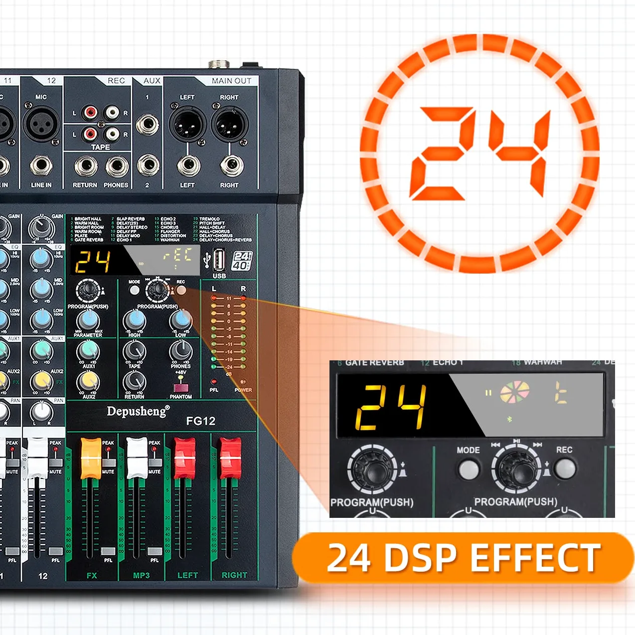 Depusheng FG12 - Mixer audio professionale a 12 canali per la registrazione del computer, interfaccia controller audio, mixer da studio 24 DSP integrato con alimentazione phantom da 48 V,Bluetooth