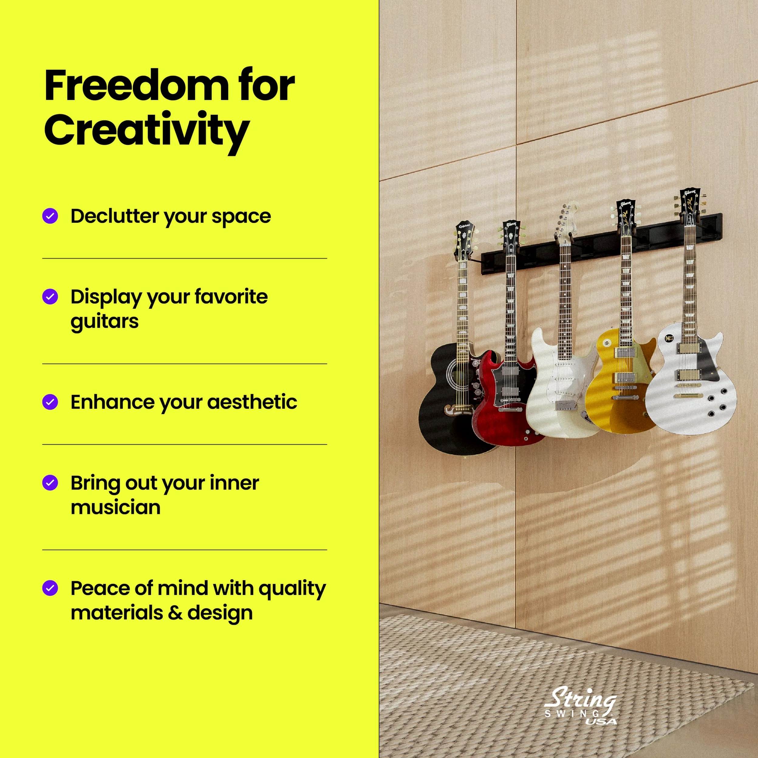 String Swing SW5RL-B-K - Supporto da parete per chitarra, con 5 ganci per chitarra e 1 supporto da parete resistente con venature nere