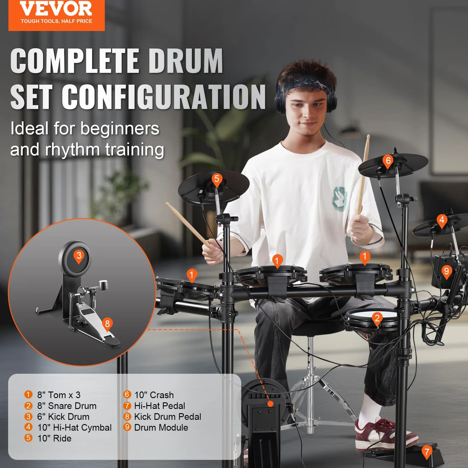 VEVOR Set di Batteria Elettronica, 32 Kit di Batteria e 480 Suoni, Kit di Batteria Elettronica, Batteria Rullante a Rete Silenzioso 203,2 mm con Supporto USB MIDI con Piatti, Bacchette e Pedali