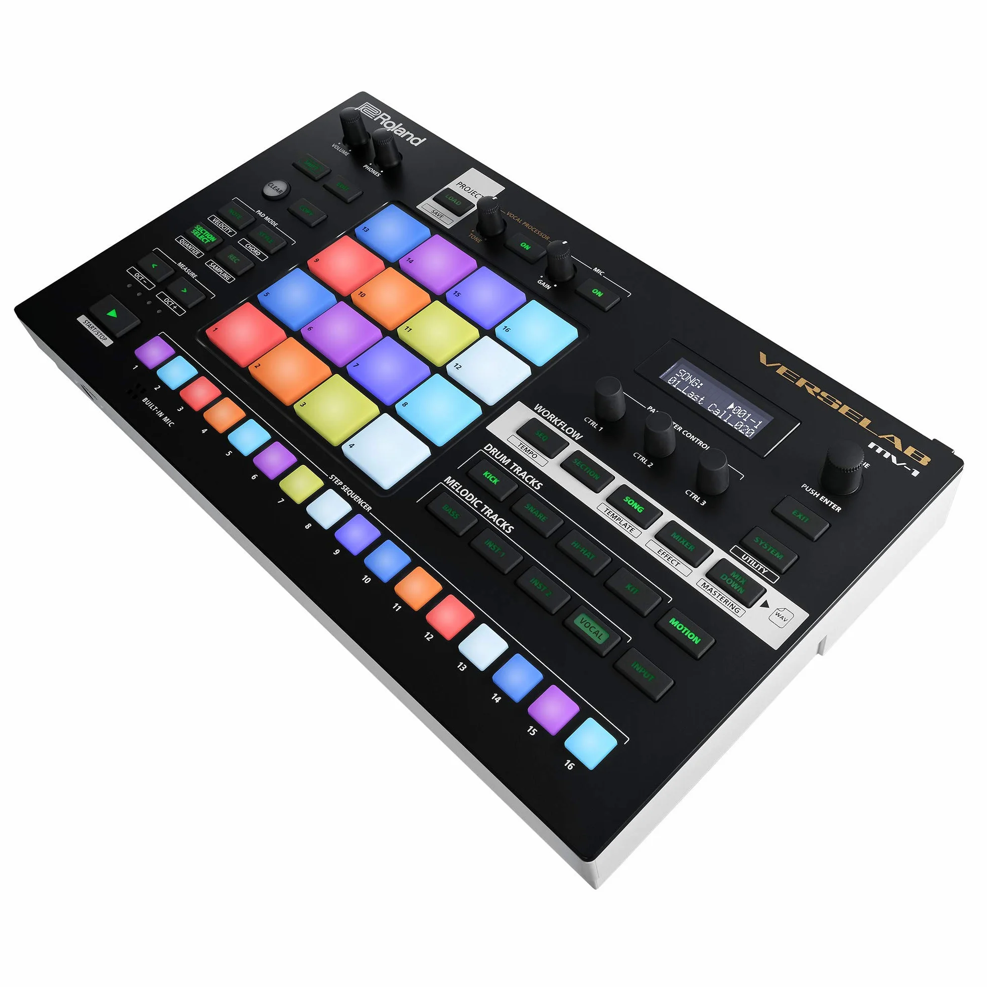Studio di Produzione Musicale Professionale Roland VERSELAB MV-1 ZEN-Core per Compositori e Cantanti. 4x4 pad e Step Sequencer TR-REC per la batteria, le linee di basso e le parti melodiche