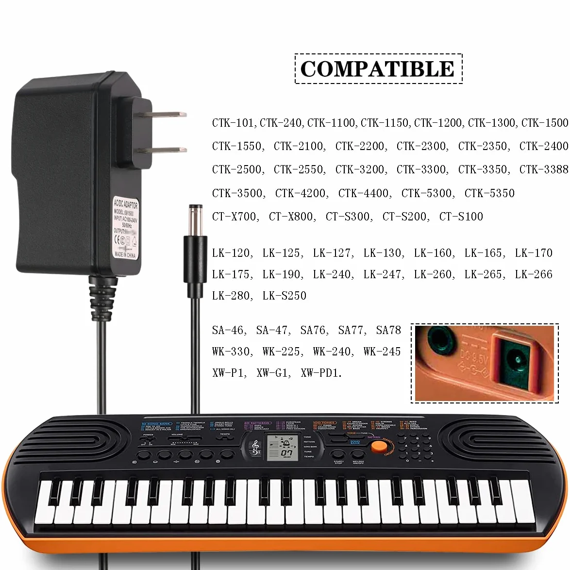 Adattatore di alimentazione CA/CC 9,5 V 1 A per tastiera Casio Piano ADE95100LU/B SA-46 SA-47 SA76 SA-77 SA-78 CTK-2080 CTK-2550 CTK-3200 CTK-3500 LK-265 LK-280 CT-X7000 CT-X8. 00 CT-S300 Cavo di