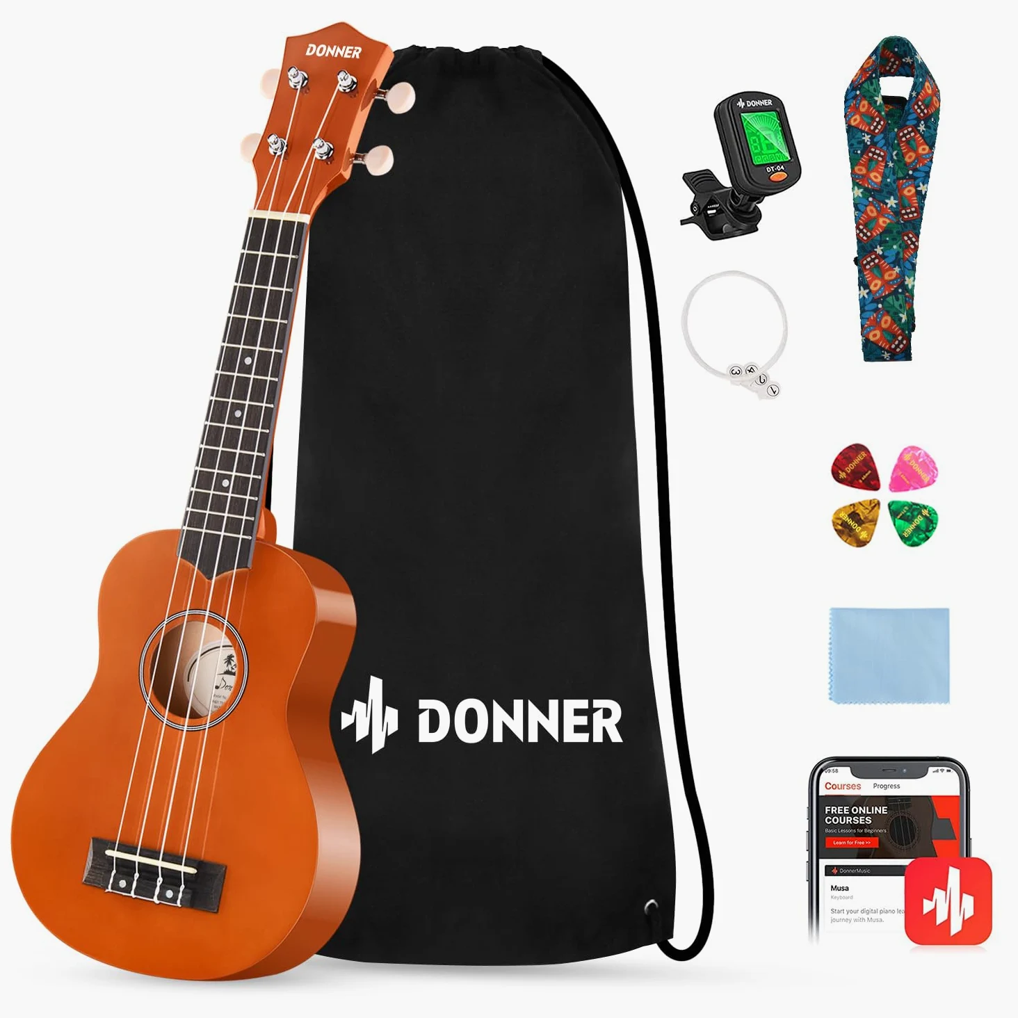 Donner Ukulele per Bambino Principiante Soprano Ukulele Kit 21 Polllici con Custodia Corde Ukelele Hawaiano Online Lezione Colore Mogano