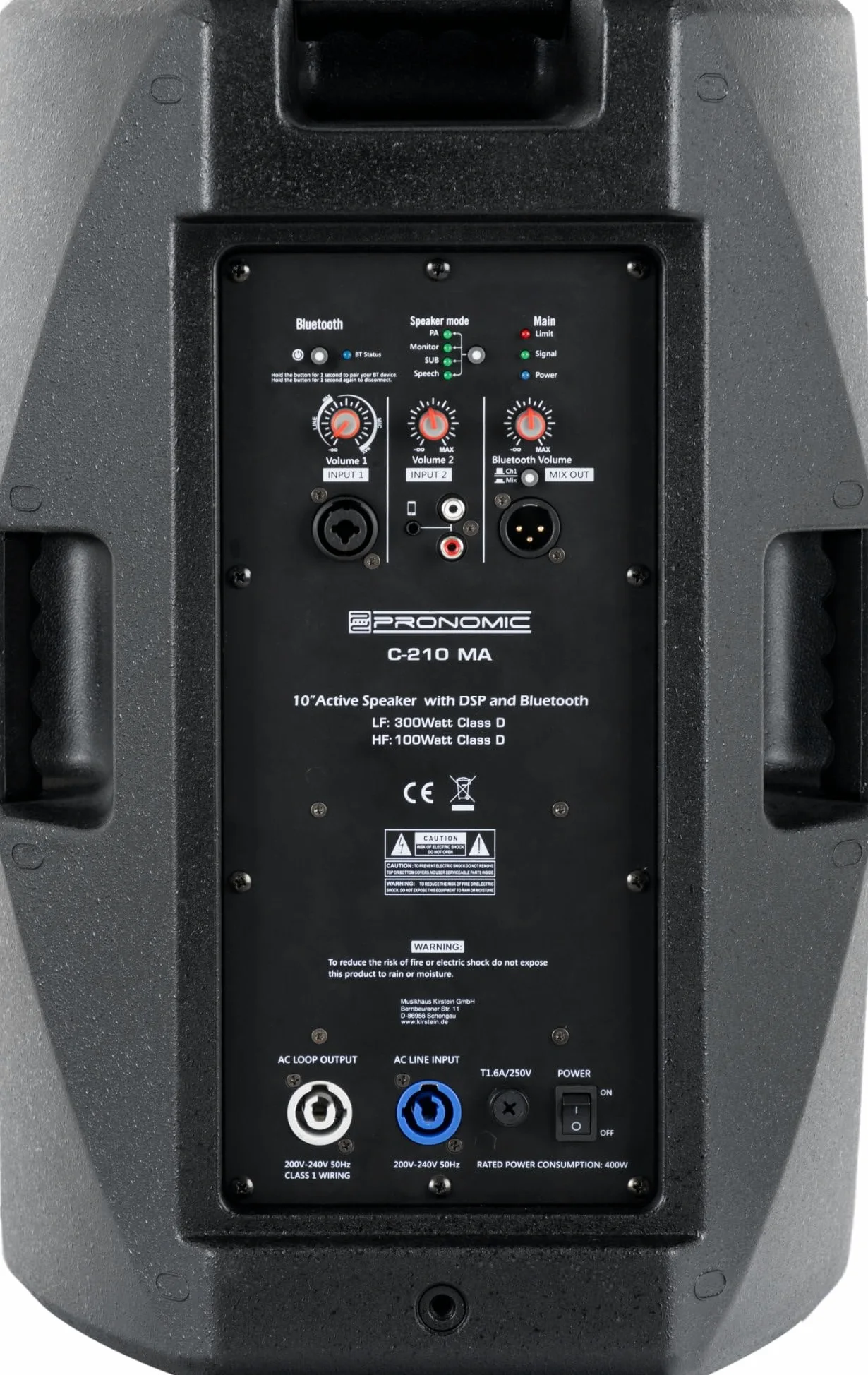 Pronomic C-210 MA Cassa Attiva 10" 400 Watt, Tipo: 2 vie Bi-Amp, 3 kHz | Risposta in frequenza: 65 Hz - 20 kHz, Sensibilità (1m/1W): 92 dB, Impedenza: 4 Ohm, Woofer: 10" (254 mm), SPL: 118 dB, 3 kHz