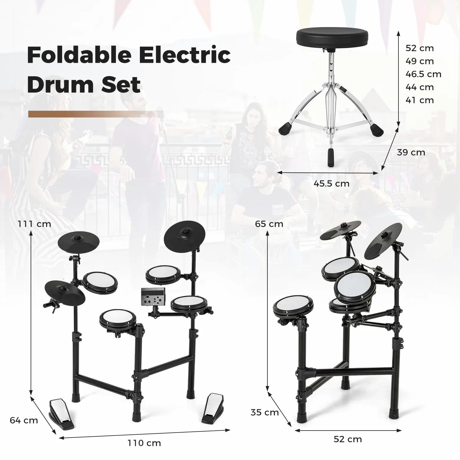 RELAX4LIFE Set di Batteria Elettronica Pieghevole con Pad, Piatti da 24 cm, 150 Suoni, 10 Demo, Interfaccia MIDI USB, Pedali, Bacchette, Sgabello Regolabile e Cuffie, per Principianti e Professionisti