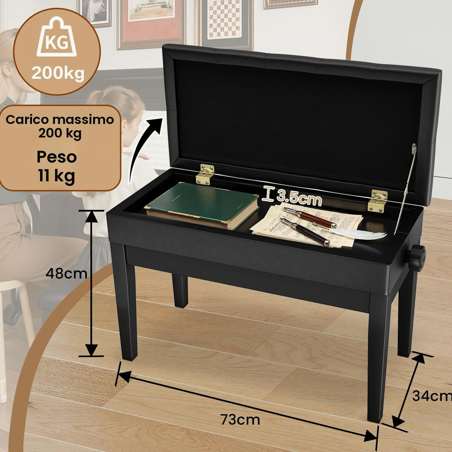 Clevich Sgabello per Pianoforte, Regolabile in Altezza, Panca Pianoforte con Cuscino in Pelle PU, Sedia per Pianoforte Heavy Duty, Portata Fino a 200 KG, Nero