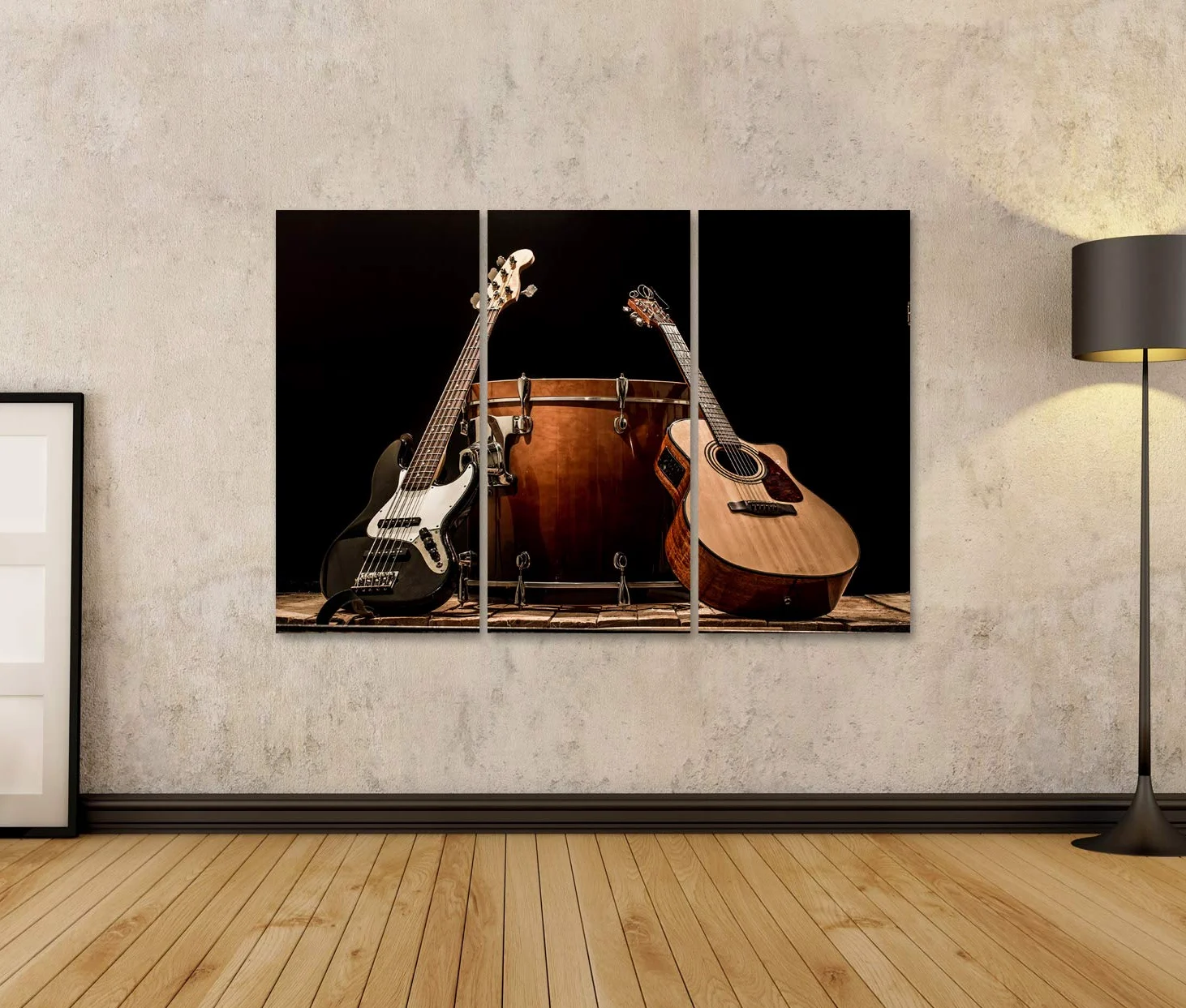 islandburner Quadro su tela Strumenti musicali Bass Drum Barrel Chitarra acustica Basso Nero Sfondo Concetto di musica Stampe Arte Poster Murale