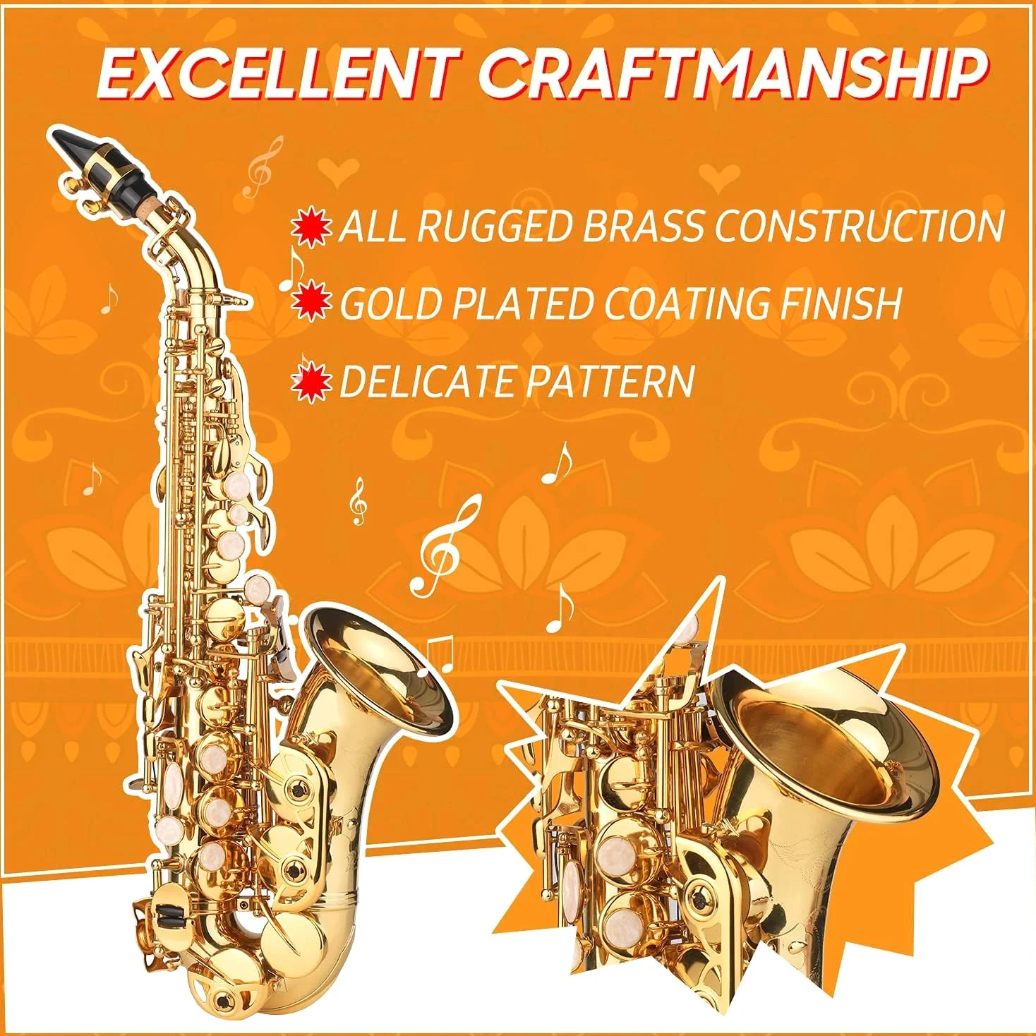 Sassofono, Sassofono Soprano in SIB Lacca Dorata Sax in Ottone con Custodia per Strumento Bocchino Tracolla Panno per Pulizia Spazzola per Musicisti Principianti
