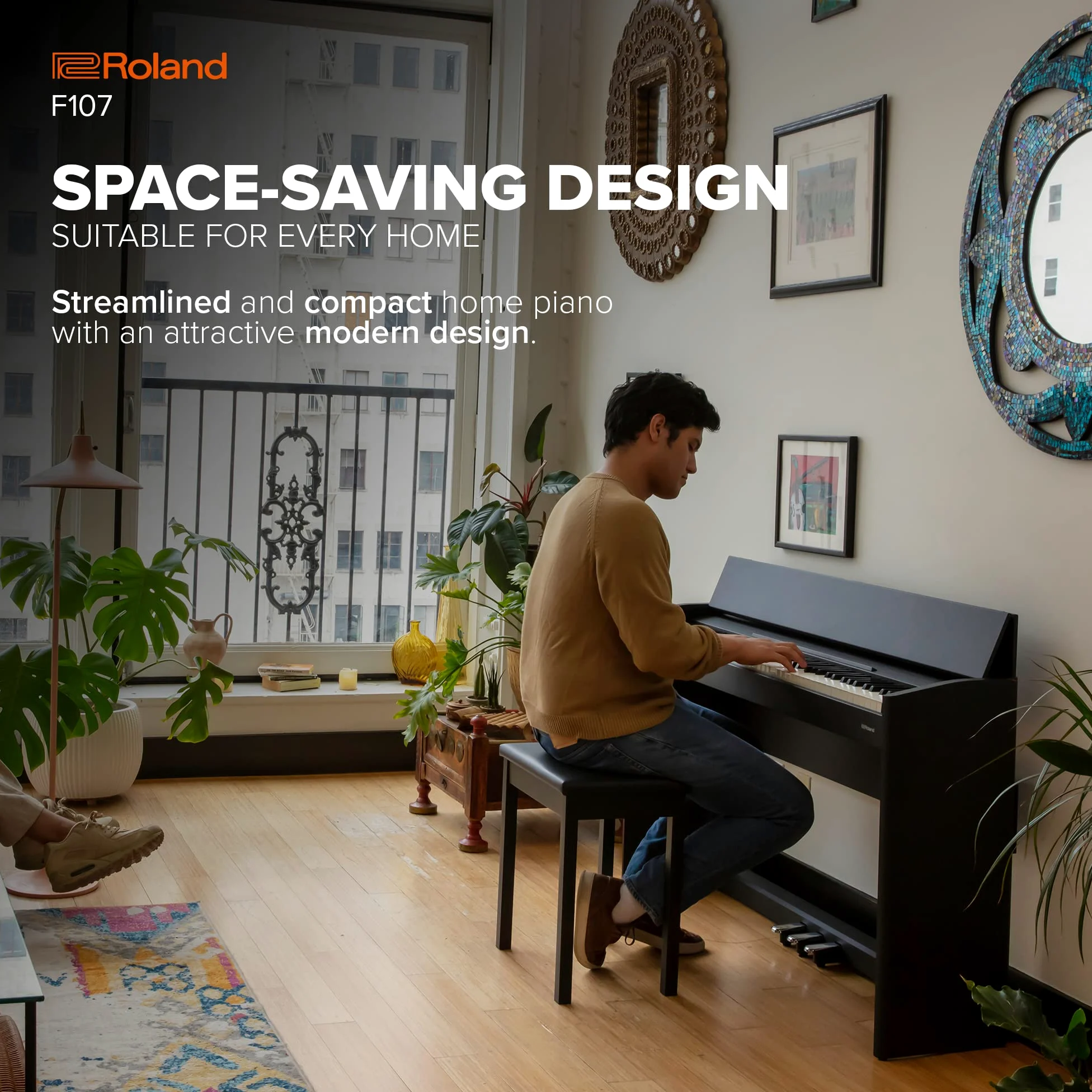 Roland F107 Digital Piano | Piano domestico lineare ed acquistabile con disegno moderno attraente | Perfetto per i principianti | A bordo di Bluetooth® e altro ancora