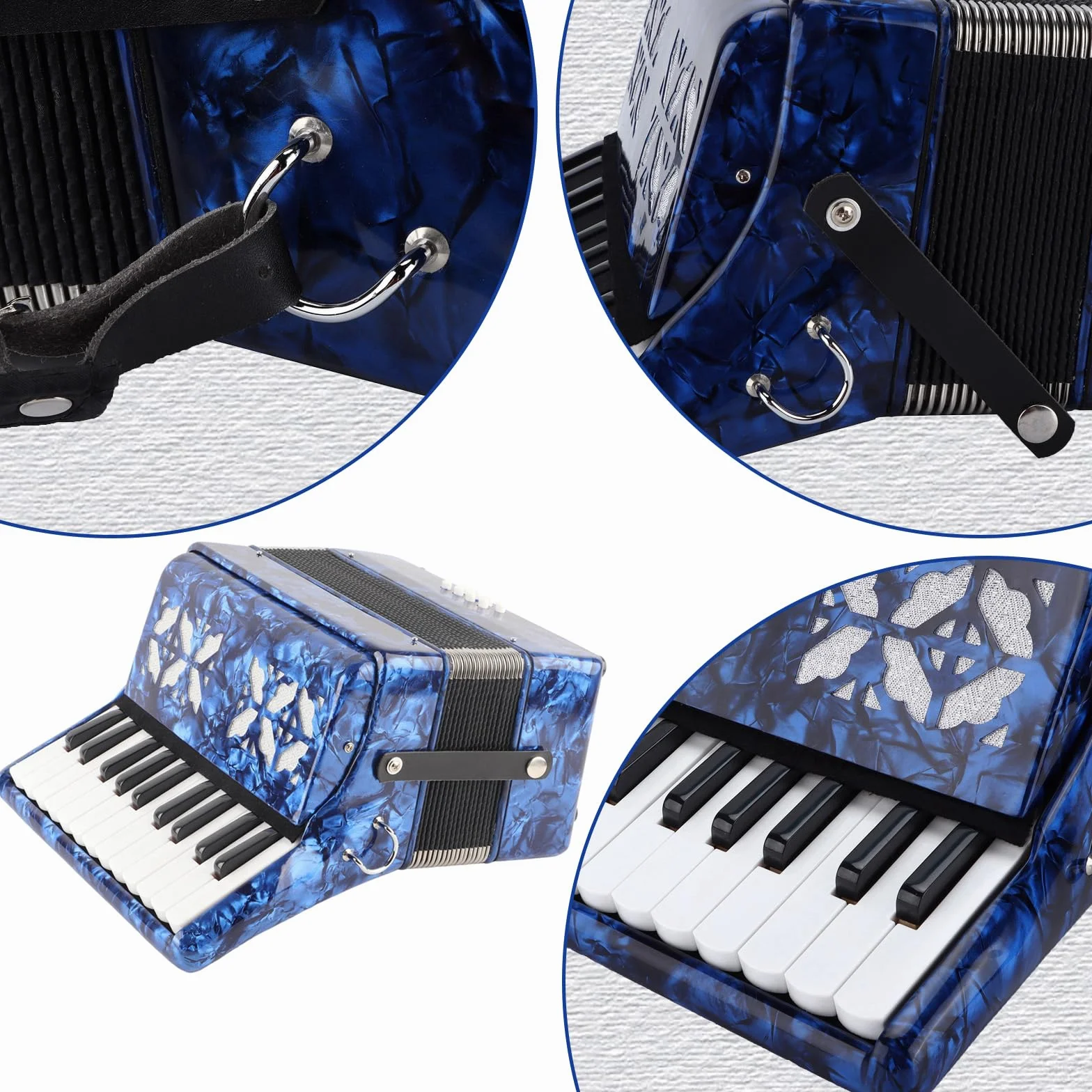 Fisarmonica Professionale 22 Tasti 8 Bassi, Musicale Portatile(blu) | Con Tastiera in Legno e Tracolla Regolabile, Inclusi Guanti e Panno per Pulire per Principianti e Musicisti Adulti