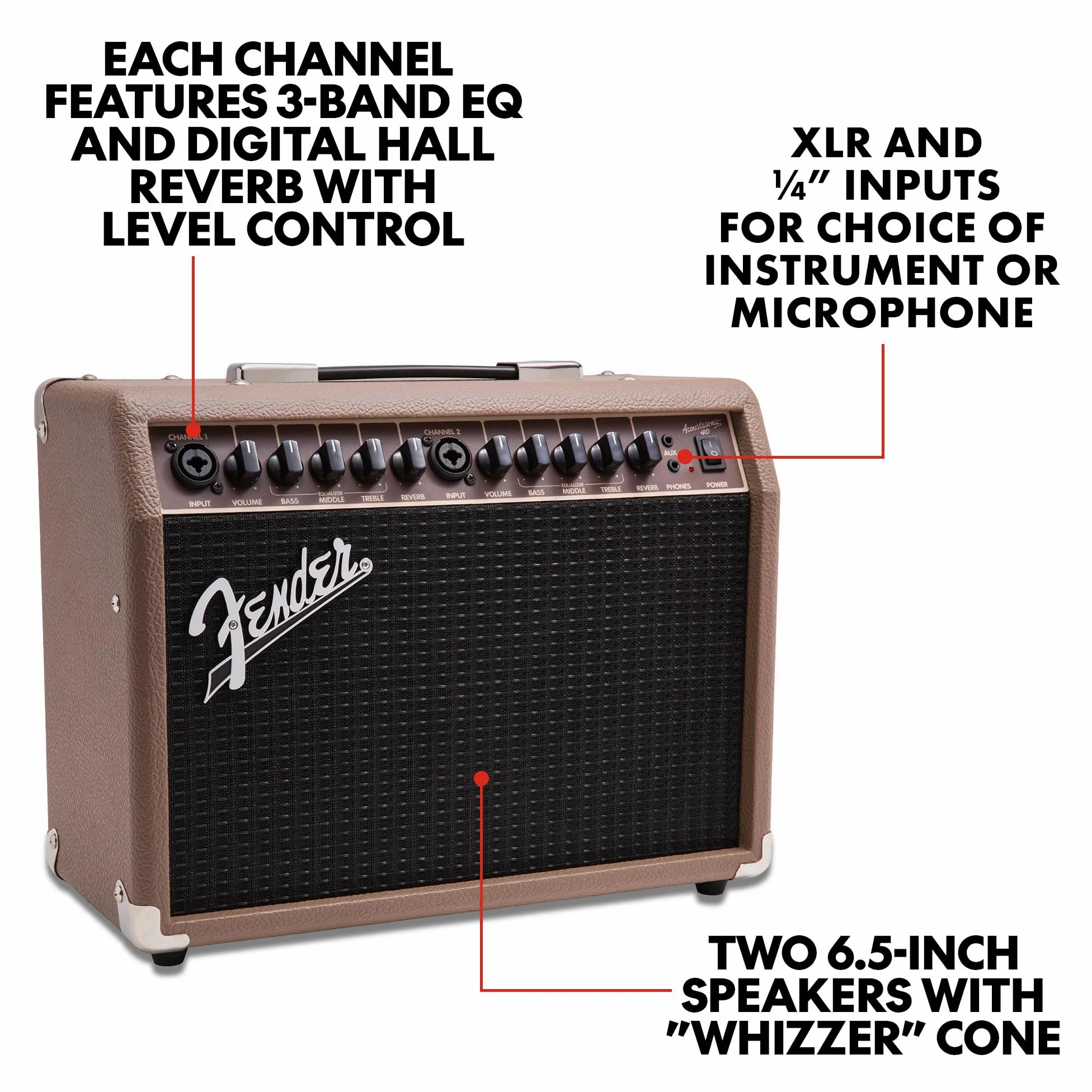 Fender Acoustasonic - Amplificatore per chitarra acustica, 40 Watt, portatile, con doppio altoparlante da 6,5", riverbero integrato, ingressi XLR/1/4", marrone/grano, con garanzia di 2 anni