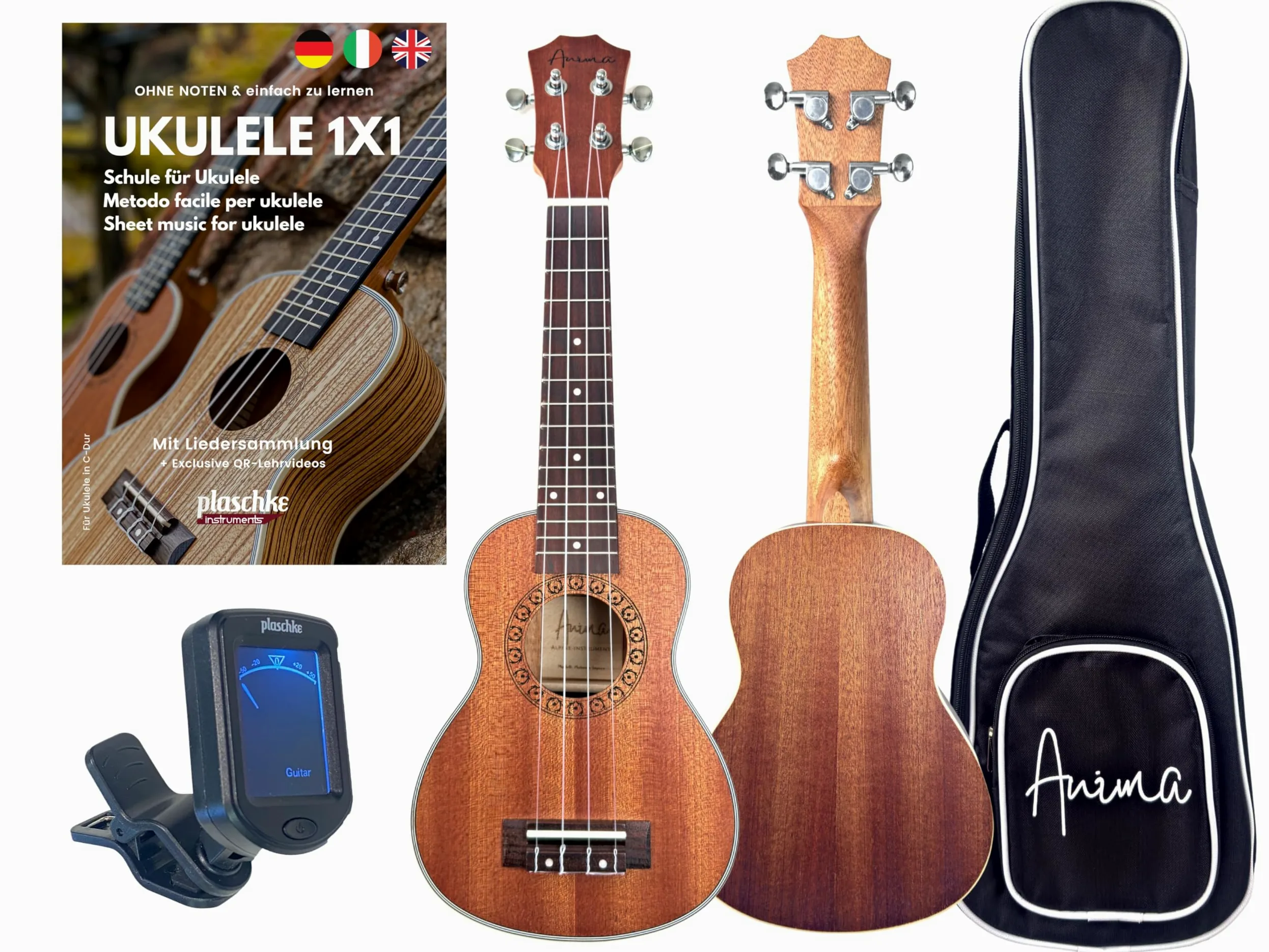ANIMA Set ukulele soprano Mahonia in mogano con borsa e metodo facile, ideale per principianti, bambini e adulti
