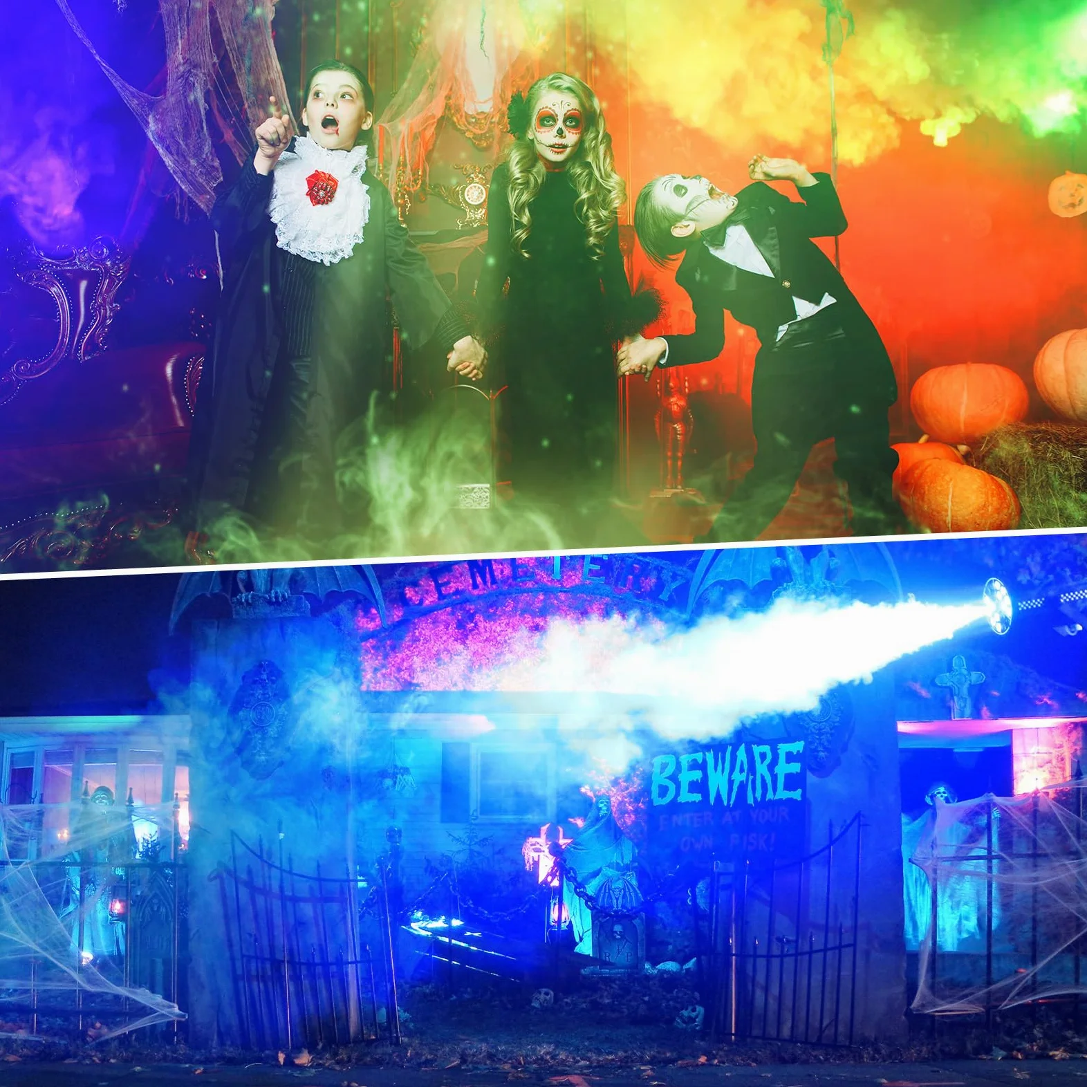 Macchina del fumo, 18 LED RGB con telecomando, LED luminosi, gradiente di colore, salto, impulso, strobo, per feste, Natale, Halloween, DJ, palchi e spazi aperti